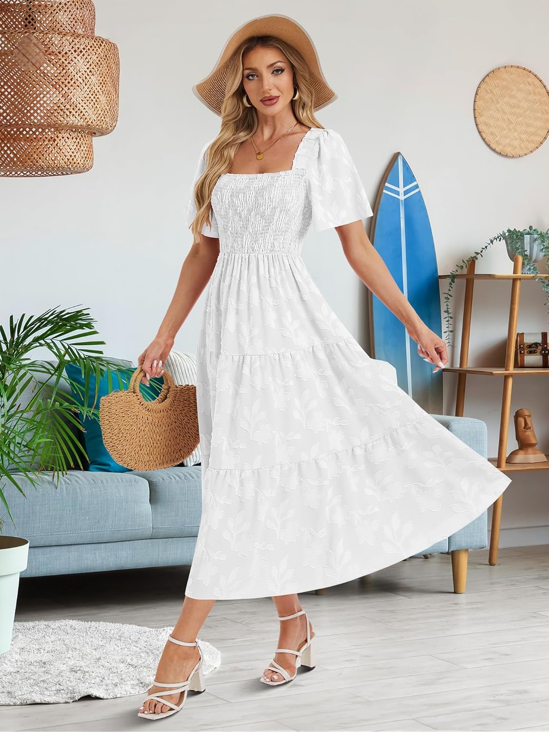 Women's Summer Dresses 2025 Casual Maxi Dresses Boho Floral Short Sleeves Square Neck Beach Vacation with Pockets - Image 2