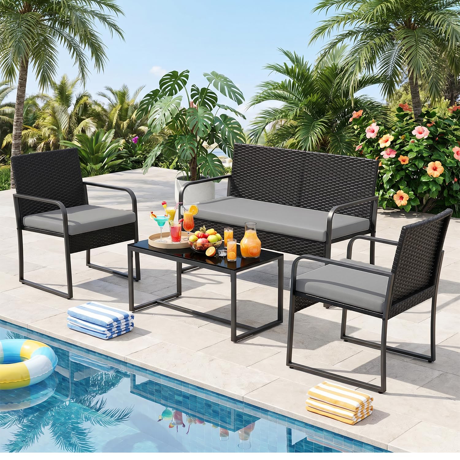 Gizoon 4-Piece Patio Furniture Set with grey cushions
