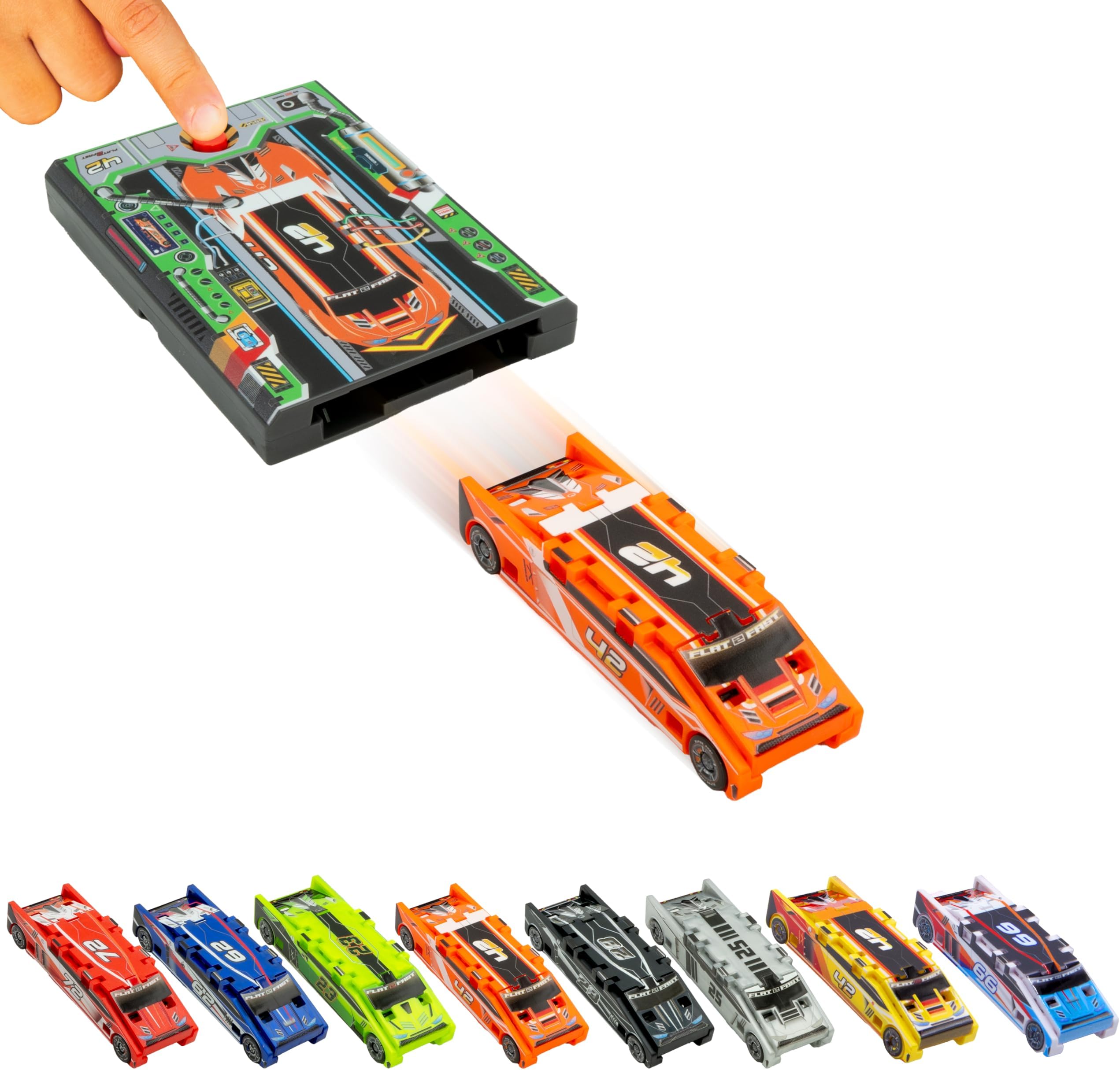 FLAT 2 FAST Original Stunt Card Racer – Flat Car Racer and Pocket Size Racecar Launcher with Built-in Button for Stunt Launching and Racing – Compact – Lava Orange