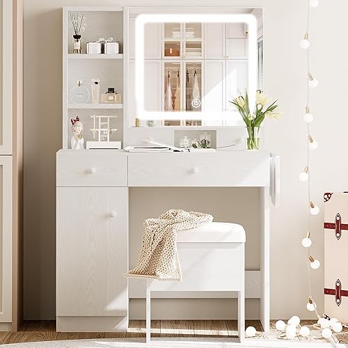 Miniatura 5 de LIKIMIO Escritorio de tocador con cajones, espejo iluminado LED, toma de corriente y gabinete, taburete de almacenamiento, elegante juego de mesa de