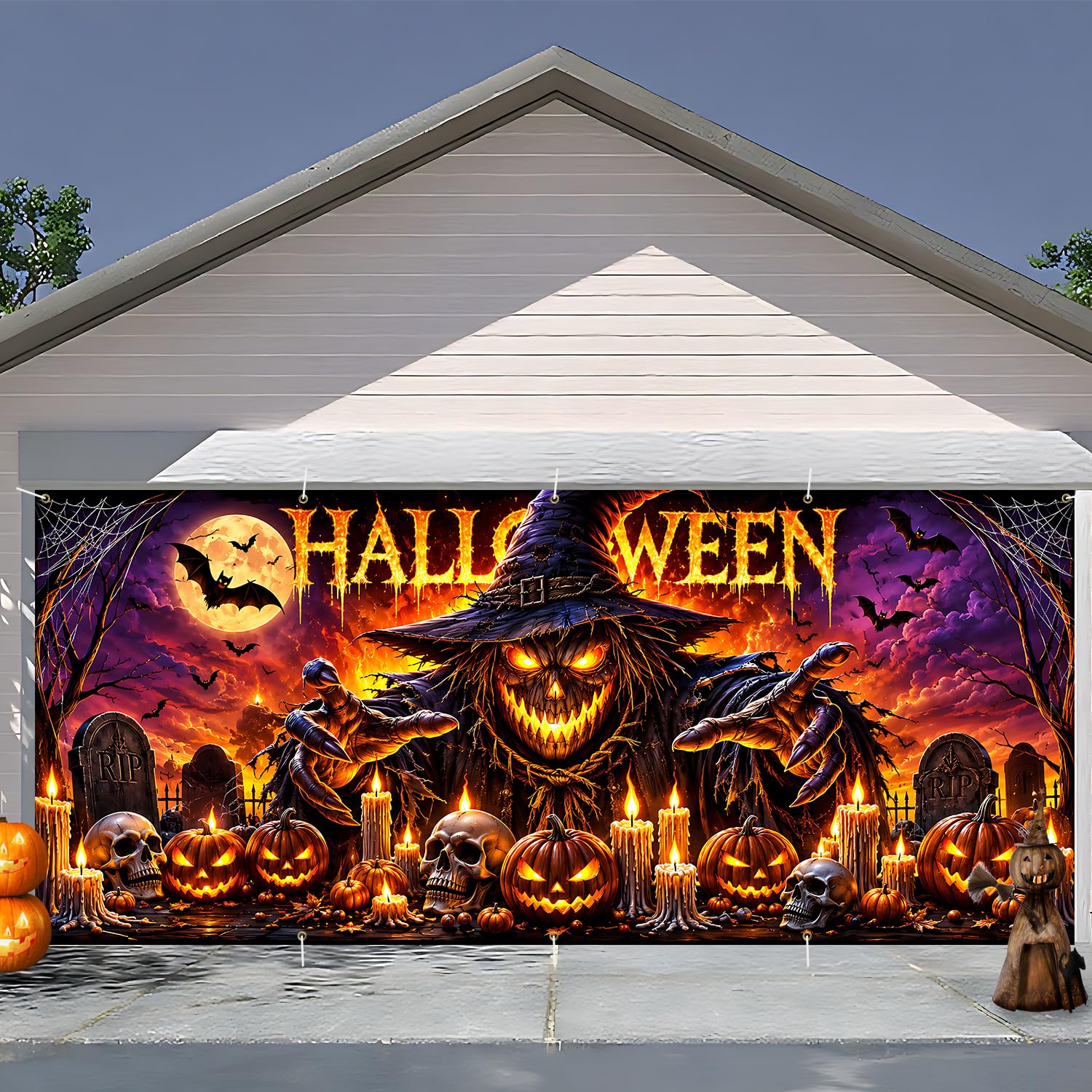7 x 16 ft Harvest Scarecrow Halloween Garage Door Decorations Halloween decorations Witch Door Cover, Hanging Banner, Cauldron Backdrop Mural for Home