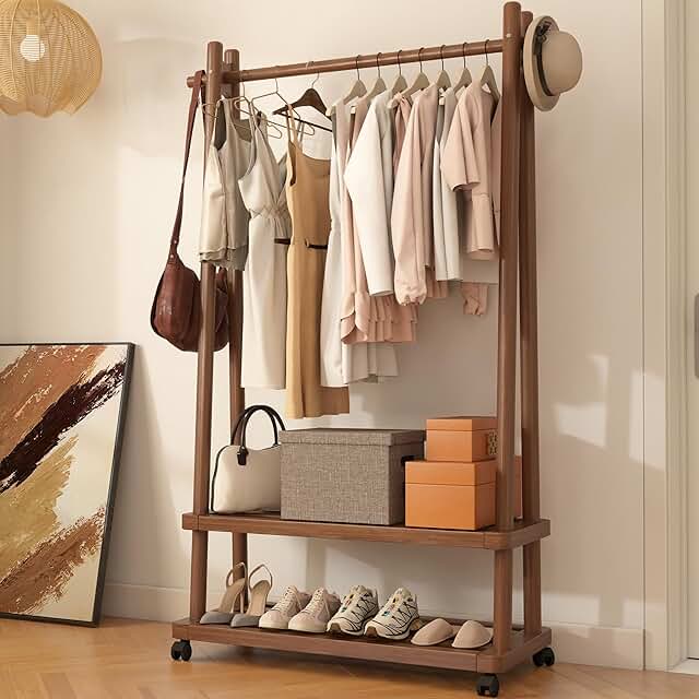 Walnut solid rubberwood clothing rack with wheels and lower shelf