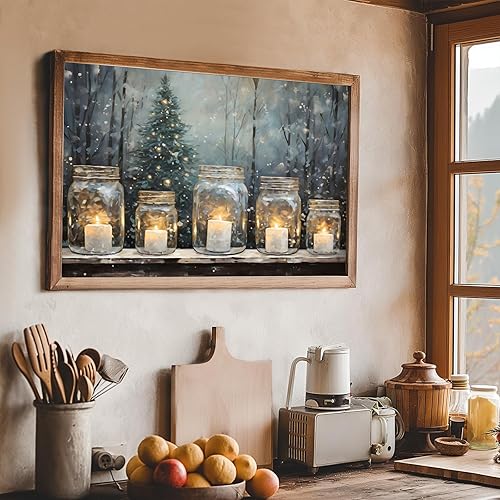 Miniatura 4 de Póster de pared vintage de Navidad, póster rústico de Navidad, imagen de invierno con velas en tarros de masón, arte de pared imprimible para