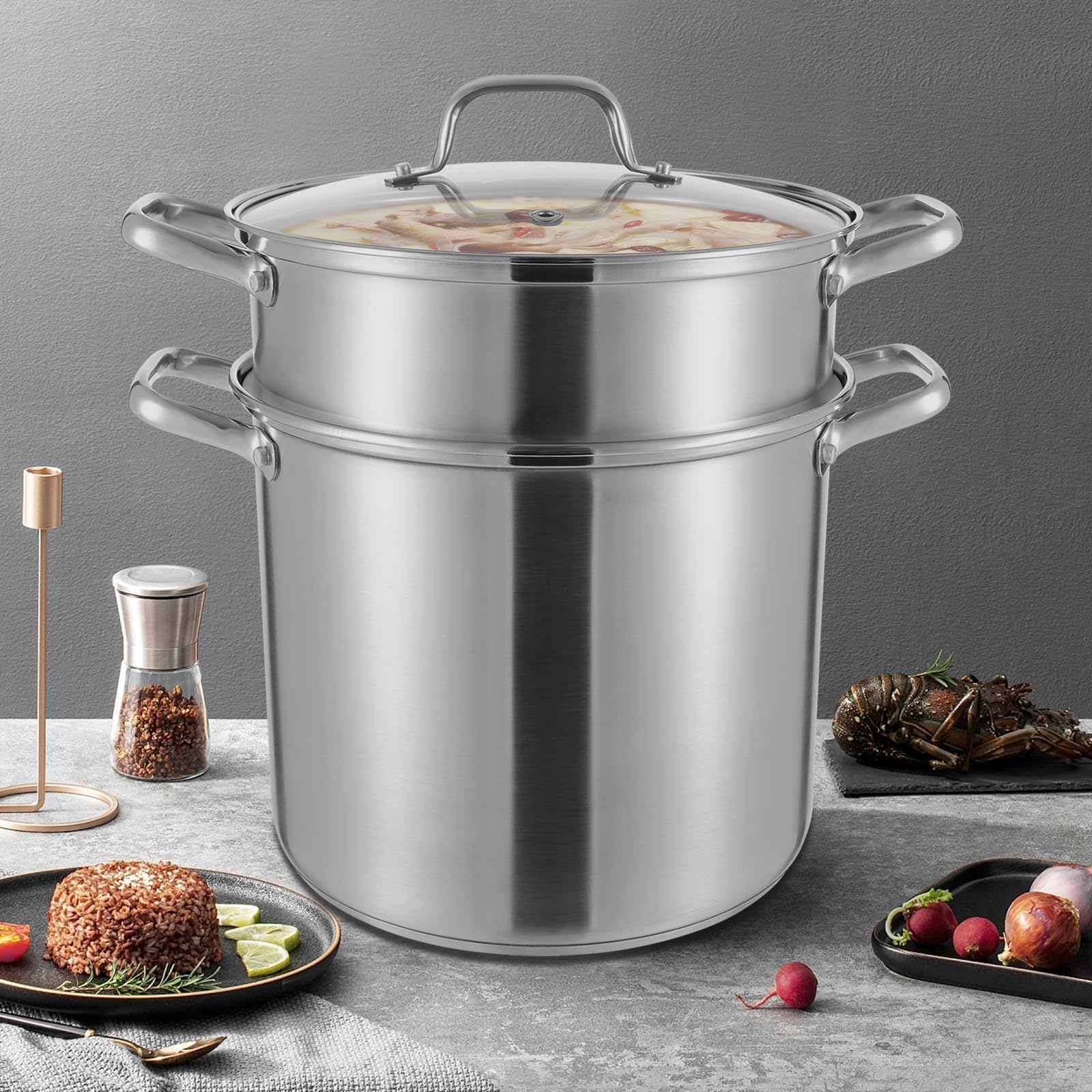 Olla grande de 8 L, de acero inoxidable con cesta de freír y al vapor, olla para sopa para cocinas de gas, cocinas de inducción, halógenas y eléctricas, apta para lavavajillas, 36,5 x 36,5 cm