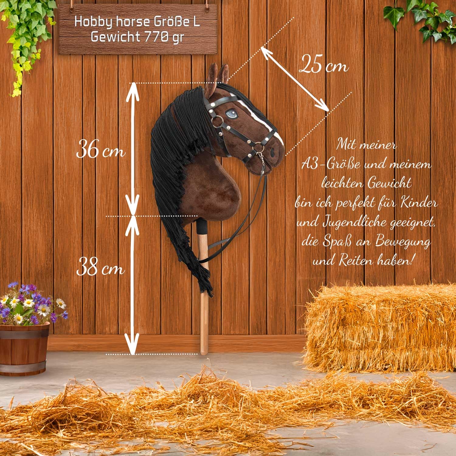 Hobby Horse A3 Braun mit schwarzer Mähne. Steckenpferd Komplettes Zubehör-Set: Halfter, Gebiss, Zügel, Halfter, Longe und braune Haube. Pferdekopf-Steckenpferd für Hobby Horsing Kinder und Jugendliche