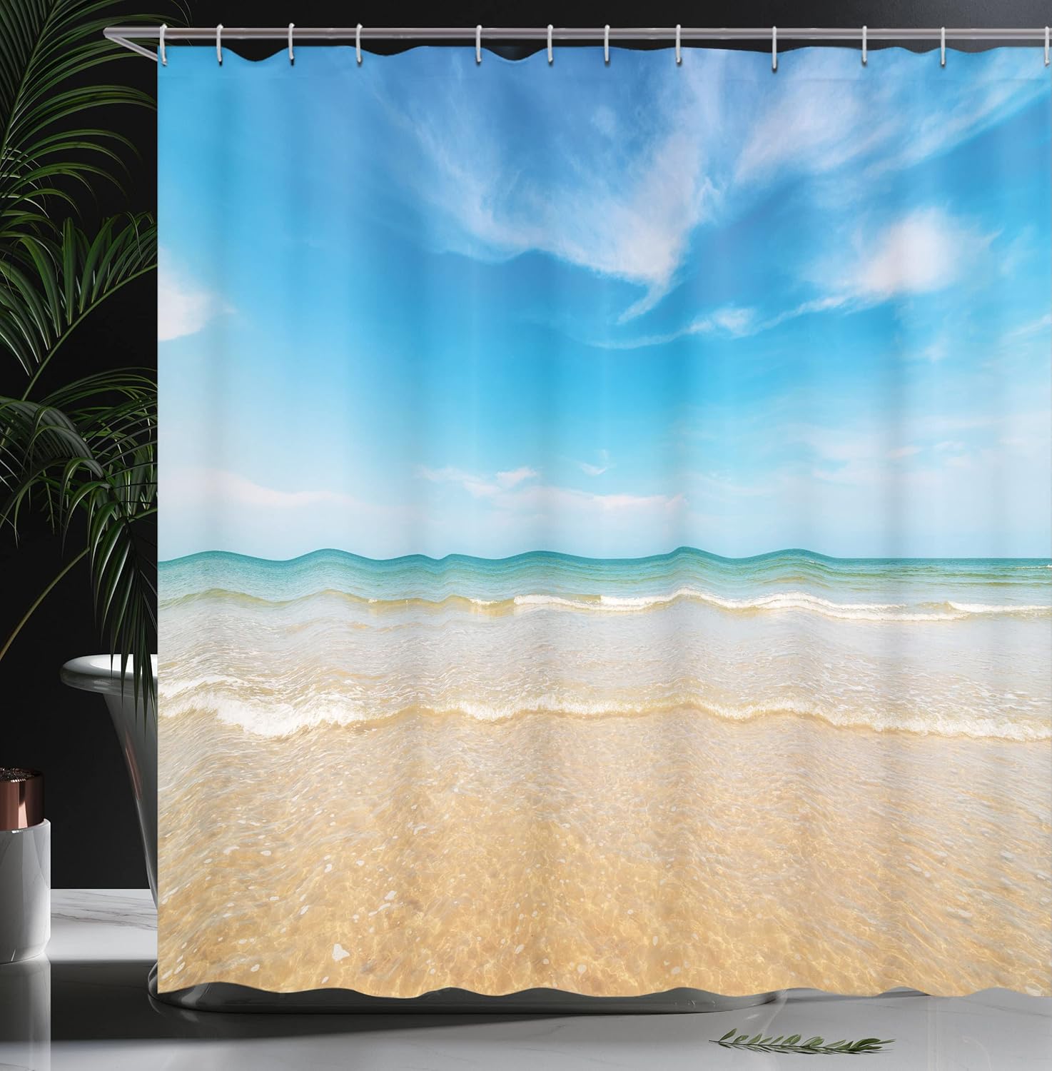 Ambesonne Ocean Shower Curtain, Sea and Sky Landscape at Beach in Tropical Exotic Hawaiian Caribbean Lands, Cloth Fabric Bathroom Decor Set with Hooks, 69" W x 84" L, Cream Blue