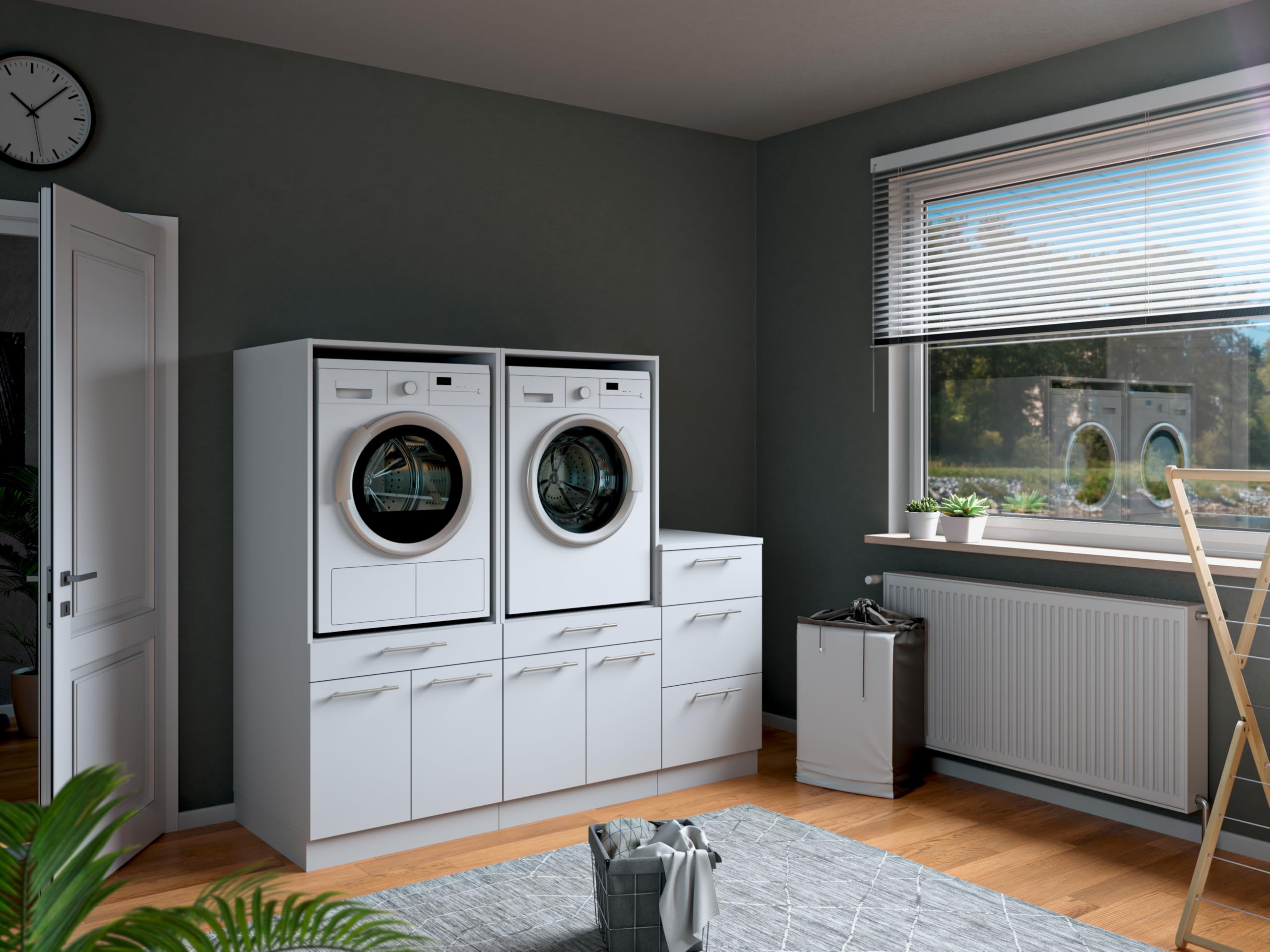Laundreezy Waschraum Komplett-Set, Weiß - Modulares Schranksystem für Waschküche & Hauswirtschaftsraum - 186 x 162 x 68 cm (B/H/T)