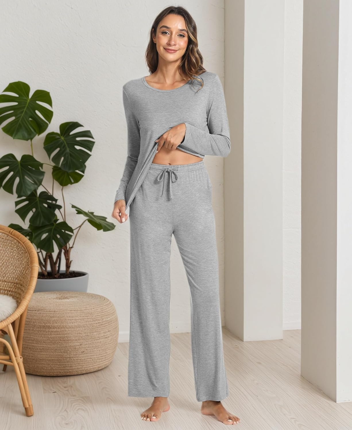 GYS Bamboo Viscose Womens Pajamas Set Long Sleeve Crew Neck Sleep Set - Image 6