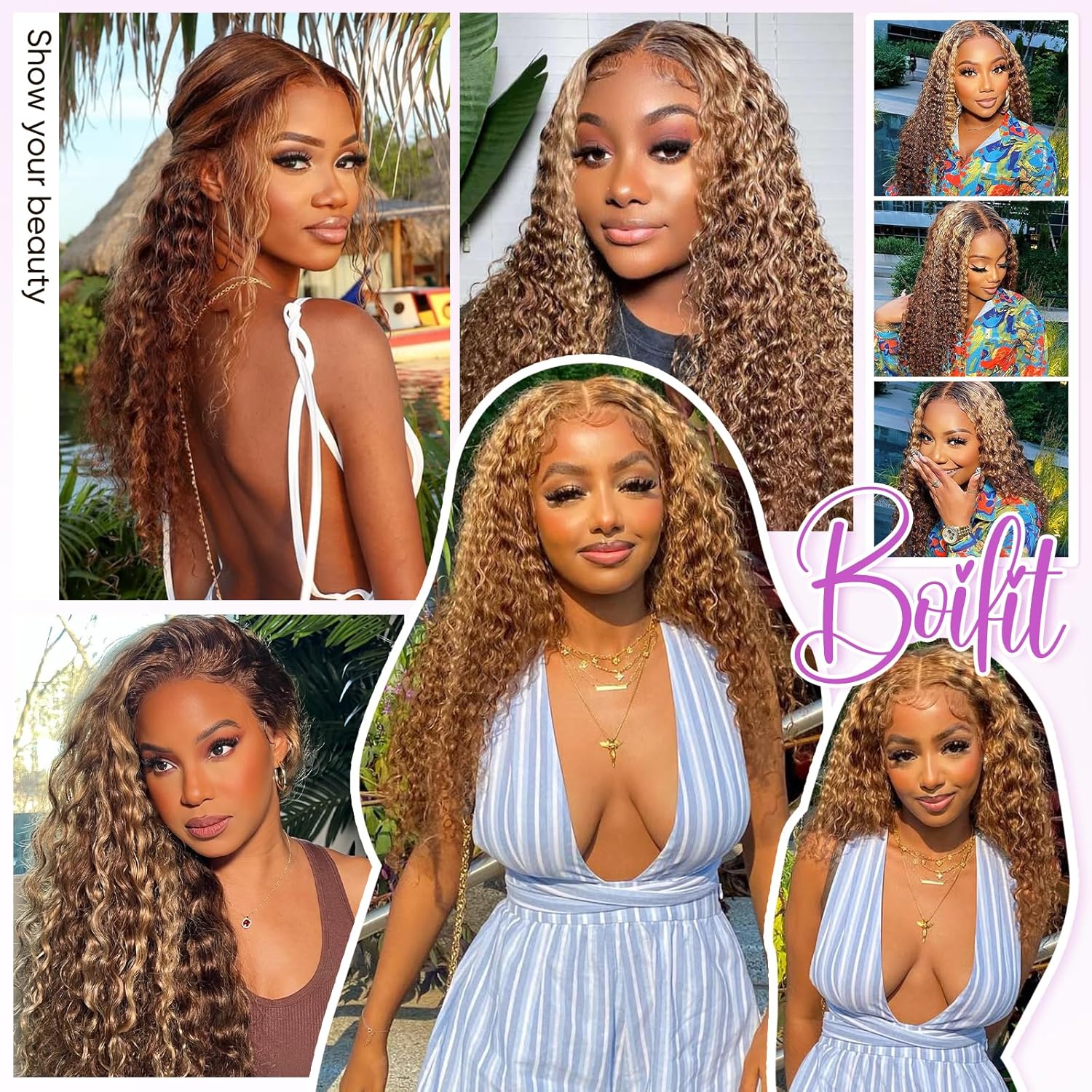 200% Density Honey Blonde Ombre Highlight Lace Front Wig Human Hair 13x6 Deep Wave HD Lace Curly 100% Human Hair Wigs, Tangle Free, Glueless Wig 24 Inch