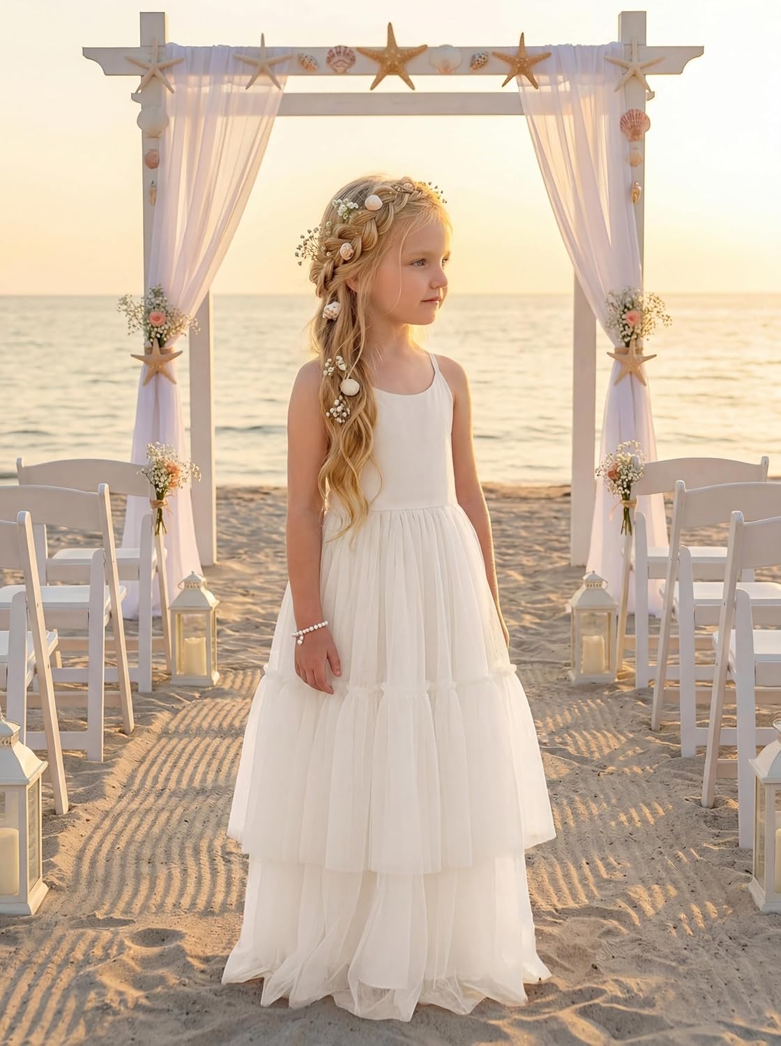 Boho Flower Girl Dress Tulle Backless Layered Ruffle Maxi Dress for Beach Wedding Photoshoot Formal Party Dresses