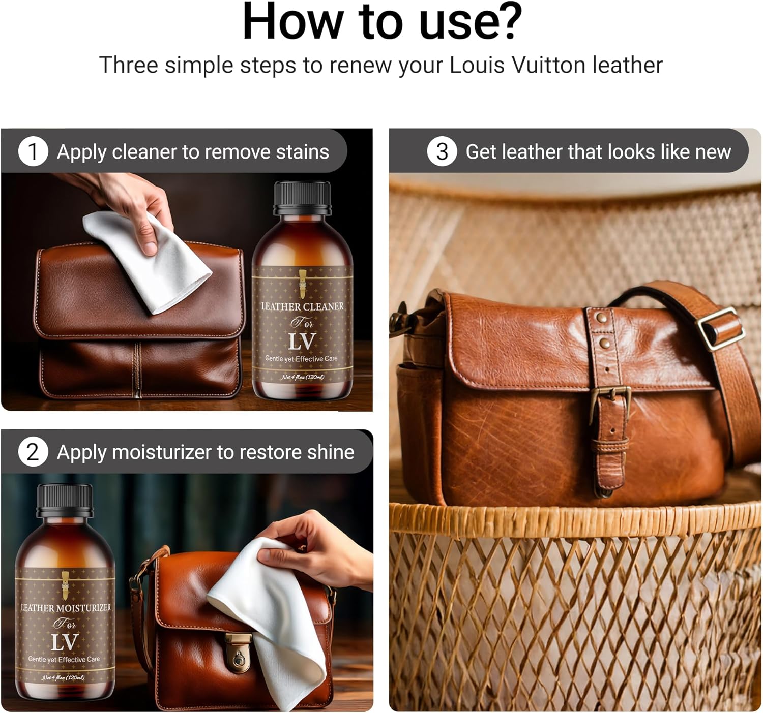Leather Cleaner & Moisturizer Set for Louis Vuitton, Shine Your Louis Vuitton and Smell New, Gently Soften and Rejuvenate Vachetta Leather, Remove Stains & Cover Minor Scratches for All Luxury Brands - Image 3