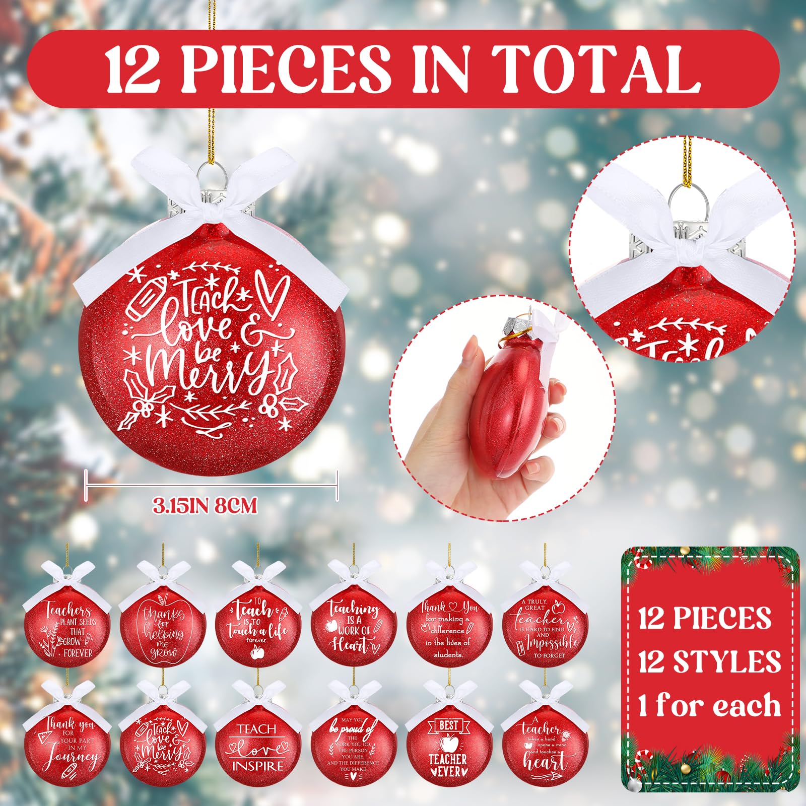 Zhanmai 12 Pcs Teacher Christmas Ornaments Teacher Appreciation Gift Teacher Ball Hanging Ornament for Christmas Tree Thank You Quotes Ball with Ribbons for Xmas Teacher Party Decor, 12 Styles