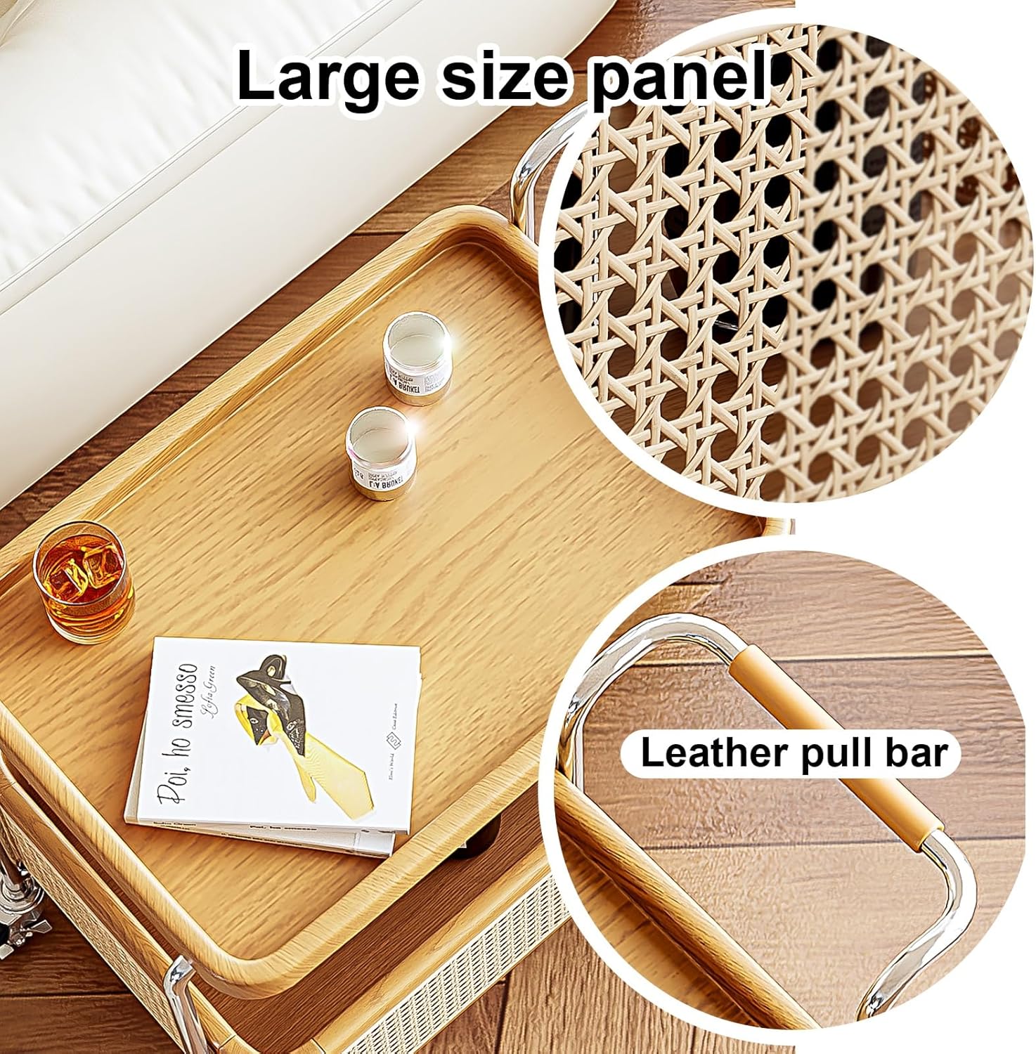 Mobile Side Table with Breathable Storage Basket, Handrail Design, End Table for Small Spaces, Wheels (Beige)