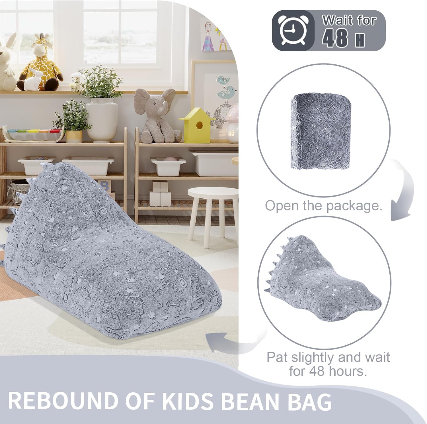 COMAX Dinosaur Bean Bag Chairs for Kids, Kid Beanbag Chair with Filler, Toddler Lounge Bean Chair, Children Lazy Floor Lounger for Girls Boys, Glowing Dino