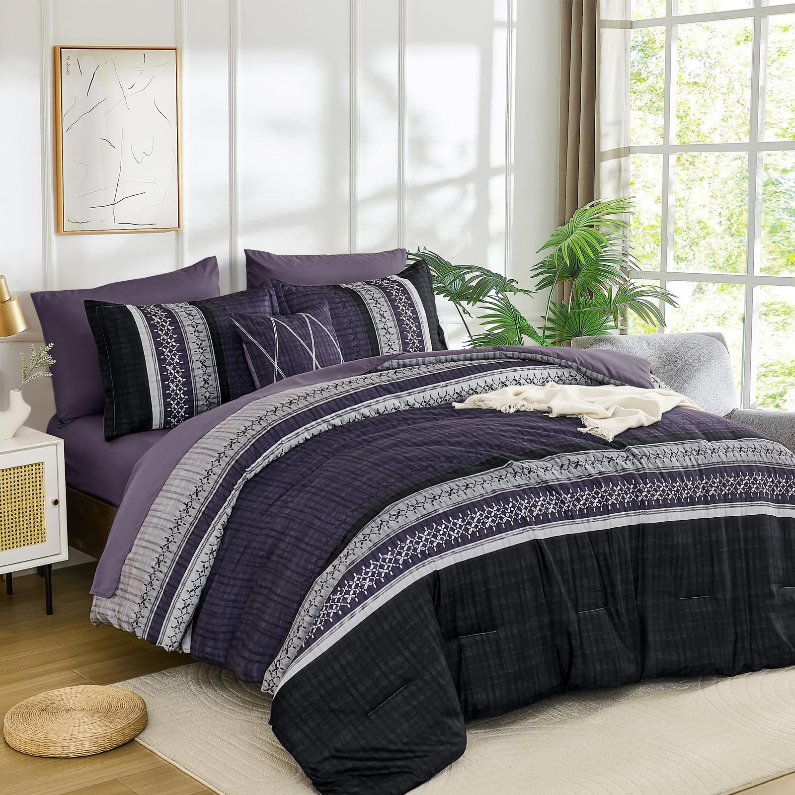 Dintszyayue Purple Comforter Set Queen Size, 8 Pieces Boho Striped Bed in a Bag Soft Microfiber Bedding Set for All Season