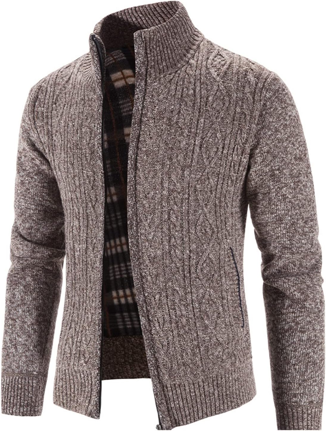 Lu's Chic Men's Long Sleeve Cardigan Zip Up Cable Knit Sweater Cozy Slim Fit Cardigan Sweater Fleece Lined Winter Pockets