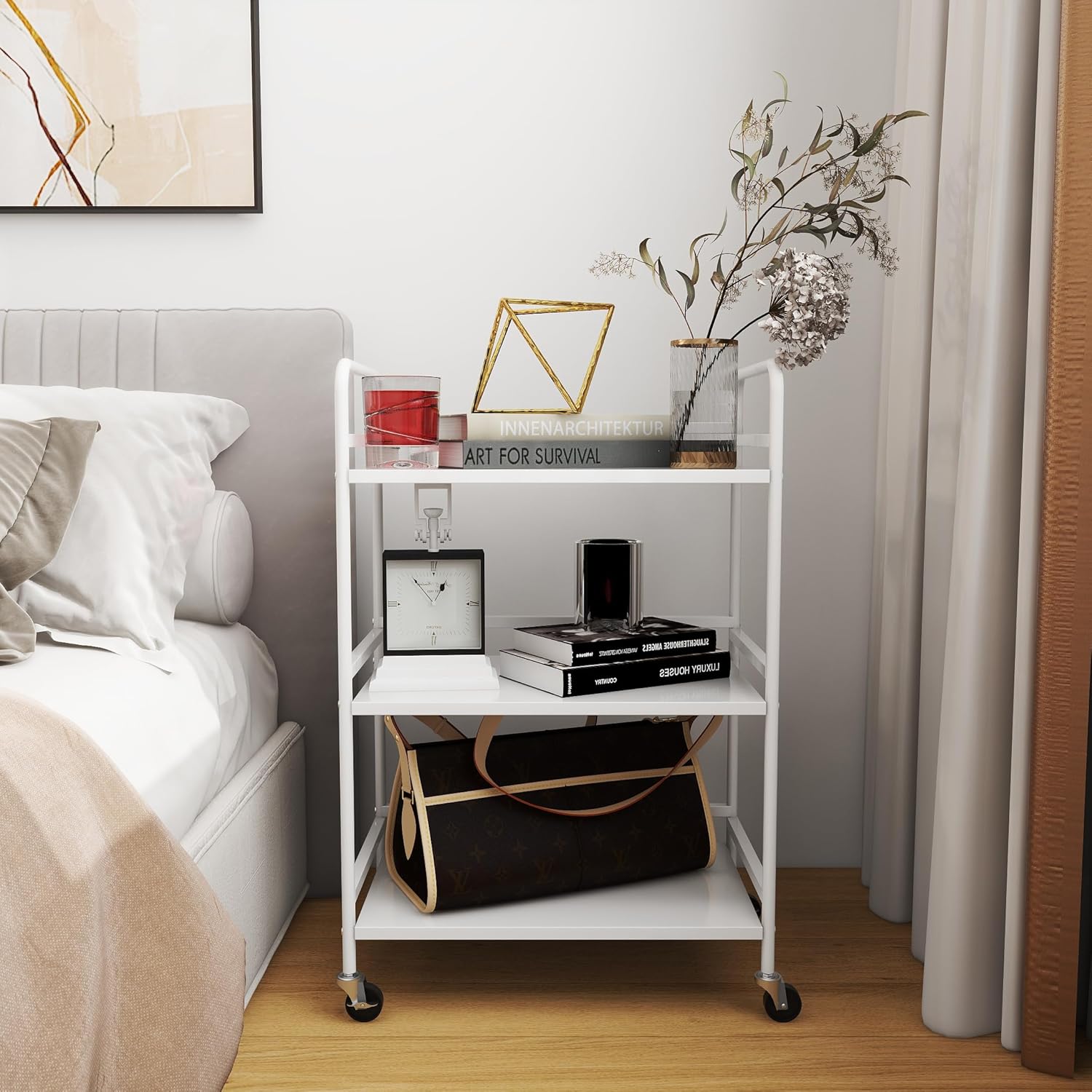 DCLRN 3 Tier Rolling Cart,Storage Organizer Cart,Multifunctional Storage Shelves,Rolling Metal Organization Cart with Handle and Lockable Wheels,for Home,Office,Kitchen,Bathroom(White)