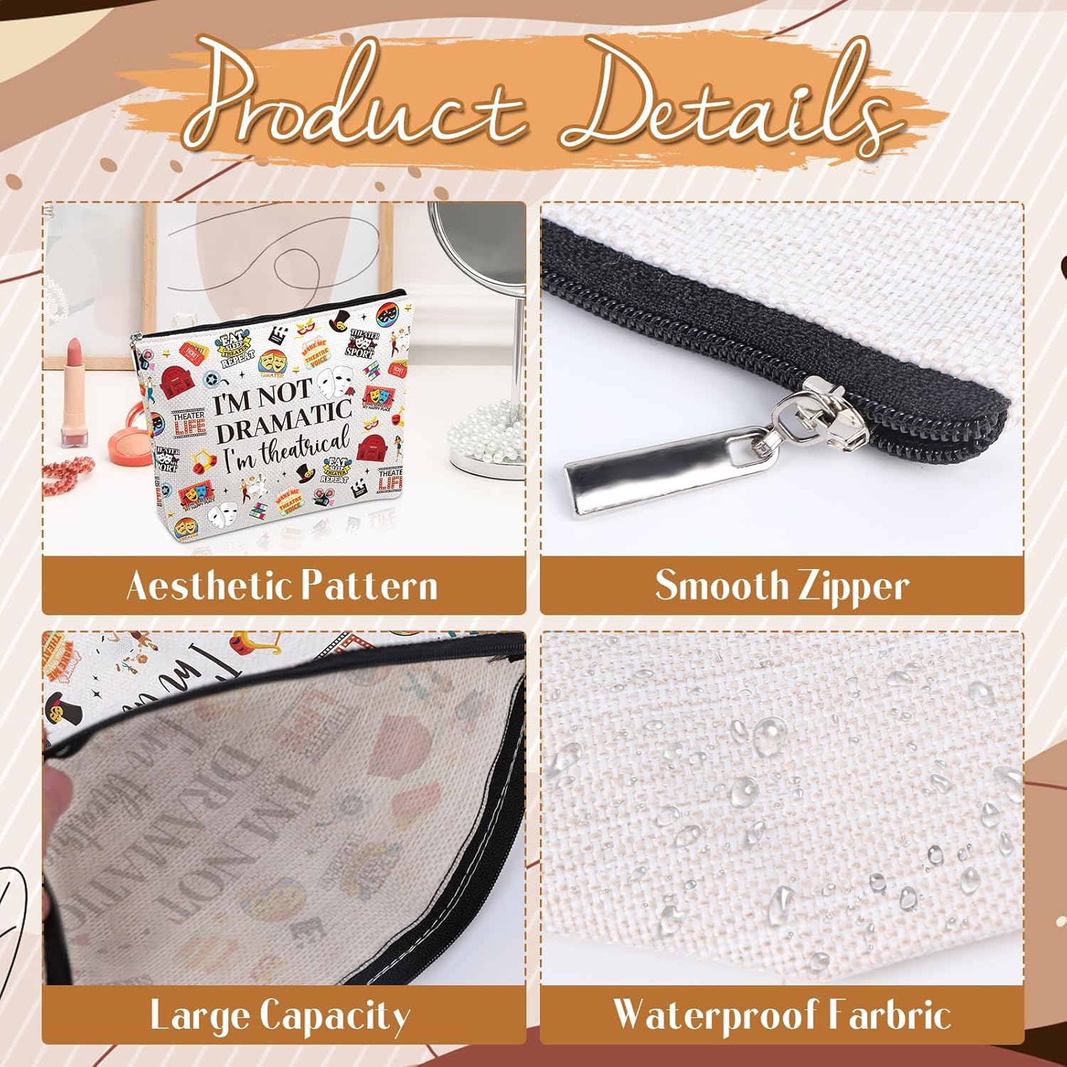 Theater Gifts Makeup Bag - Musical Theatre Cosmetic Bags with Zipper, Funny Theatre Broaddway Gifts for Theater Lovers Actors, Women Girls Birthday Christmas Valentine Mother's Day Presents - Image 4