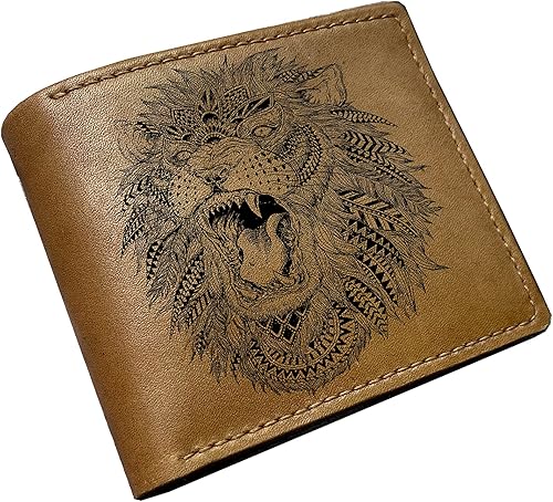 Miniatura 2 de Mayan Corner - Arte de dibujo animal zentangle floral, cartera hecha a mano de cuero de león, regalo personalizado para hombres leones