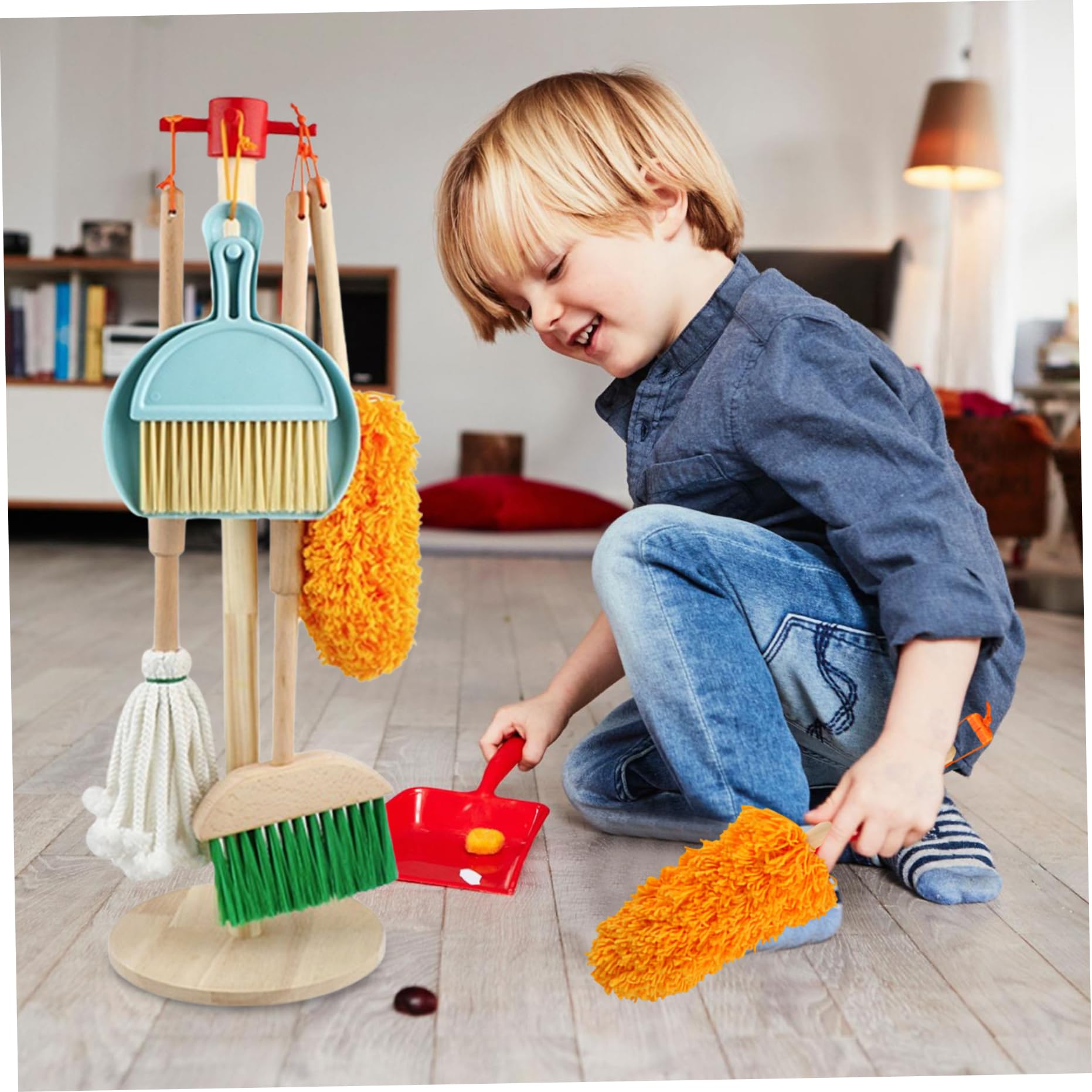 Gcroet Set per la Pulizia dei Bambini Set da Gioco per la Pulizia di Simulazione in Legno Giochi di finzione per Le Pulizie per Bambini educativo Lucido per 3+.