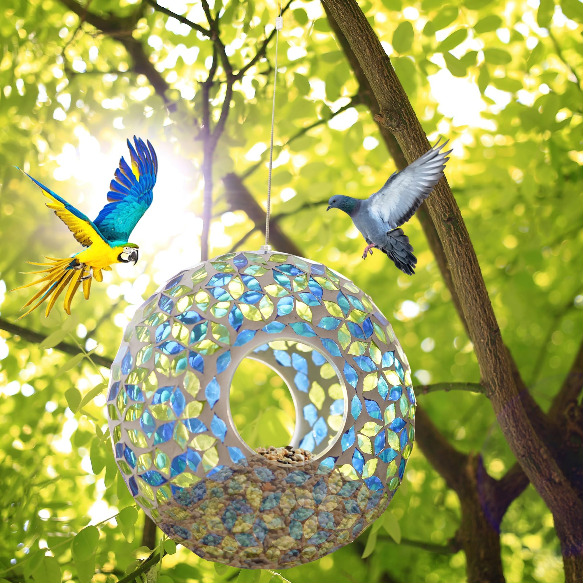 Vogelfutterstation Aus Glas Mit Mosaik – Eichhörnchensicher, Zum Aufhängen, In Blau & Grün