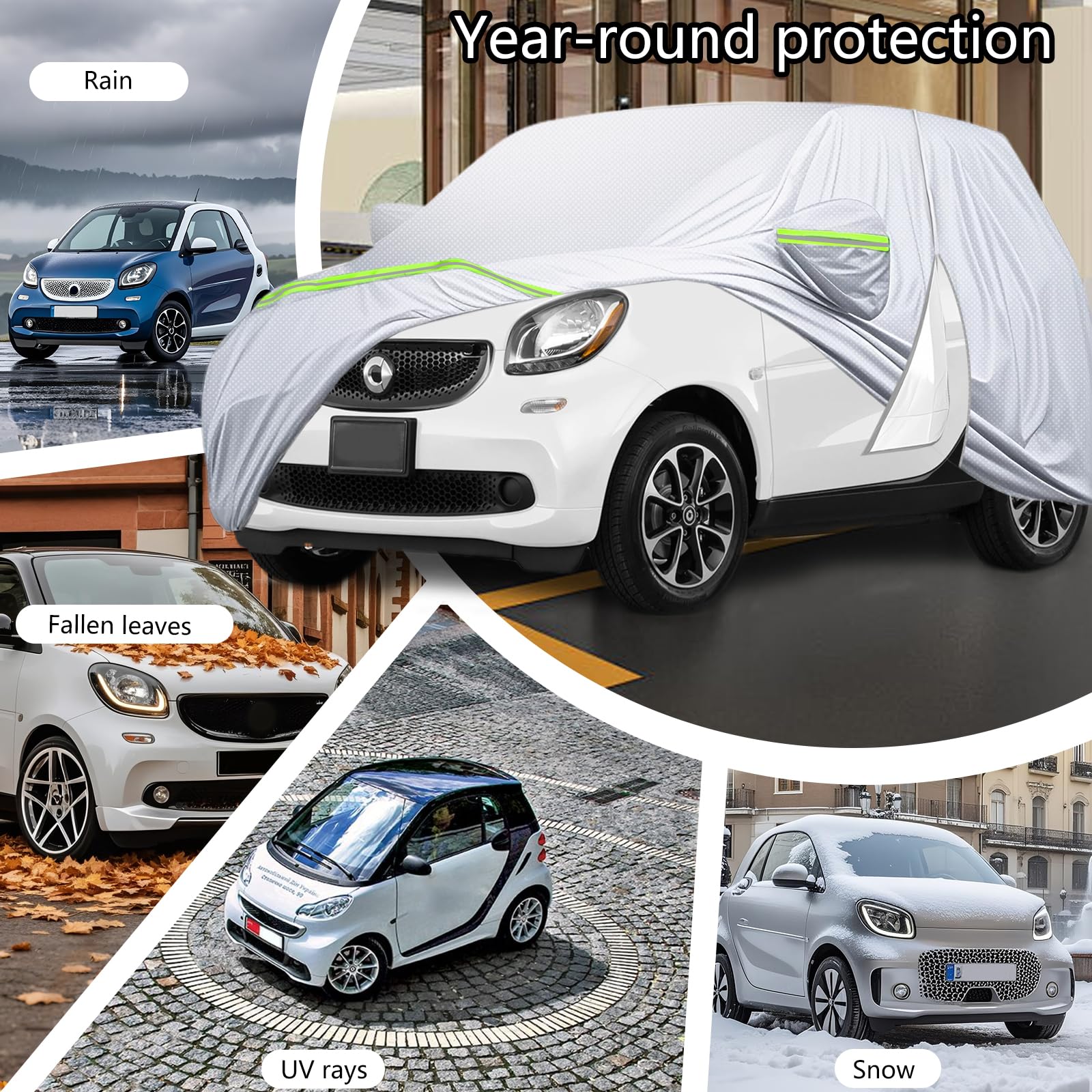 Wodoodporny pokrowiec samochodowy do Smart Fortwo 451/453 (W453) 2016-2024, całoroczny materiał Oxford DuPont z dostępem do drzwi na zamek błyskawiczny i paskami wiatroszczelnymi | Pokrowce na