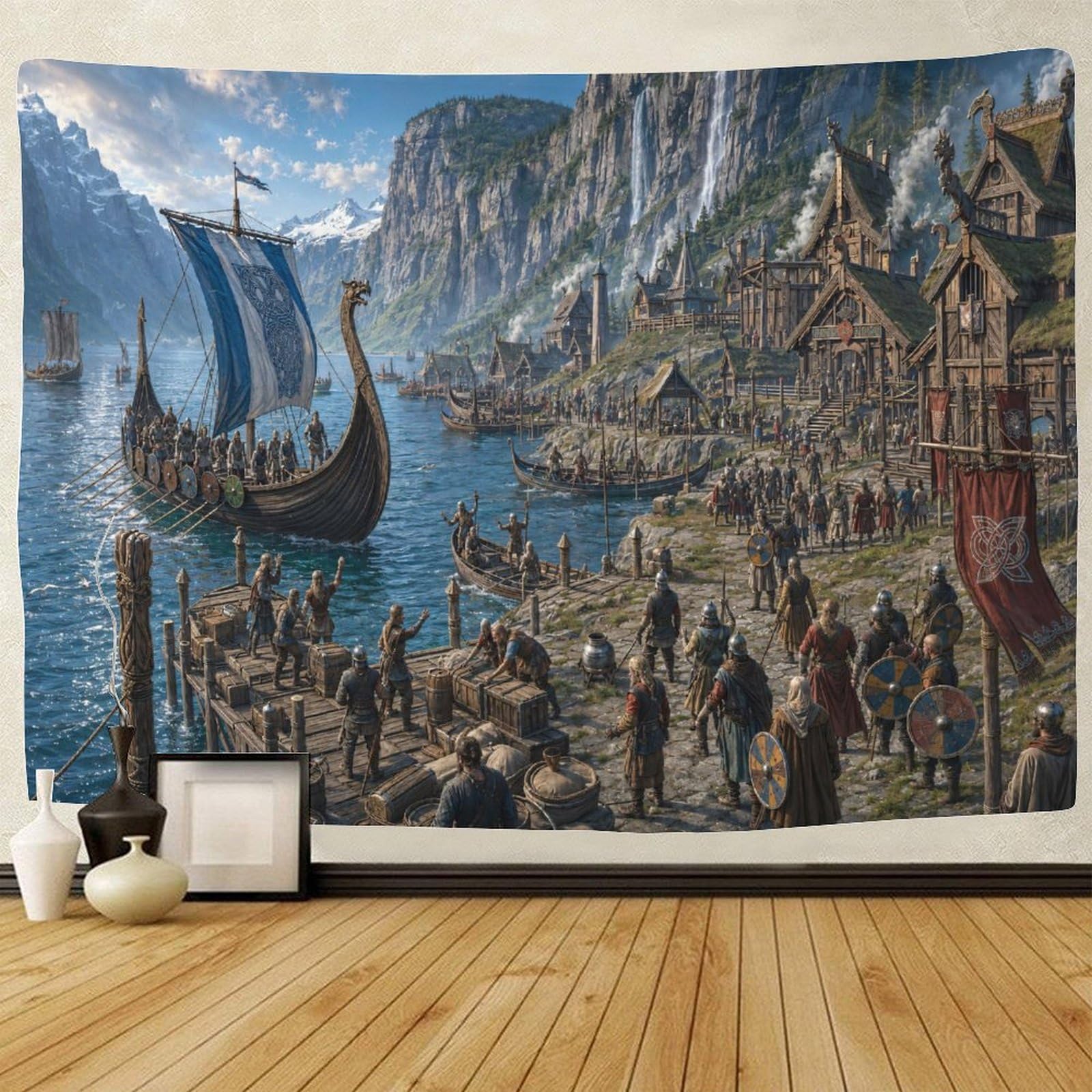 GPMNBCXZK Viking Longship Nordic Fjord Village Wall Tapestry Wall Art Decor 3D Print Tapestries Poster Home Decoration Bedroom College Dorm 130cmx150cm