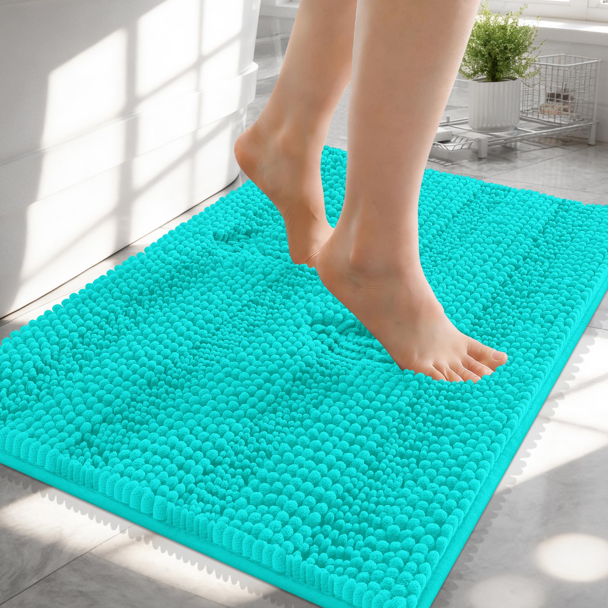 OLANLY Thick Small Bathroom Rugs 24x16, Soft Chenille Bath Rugs, Teal