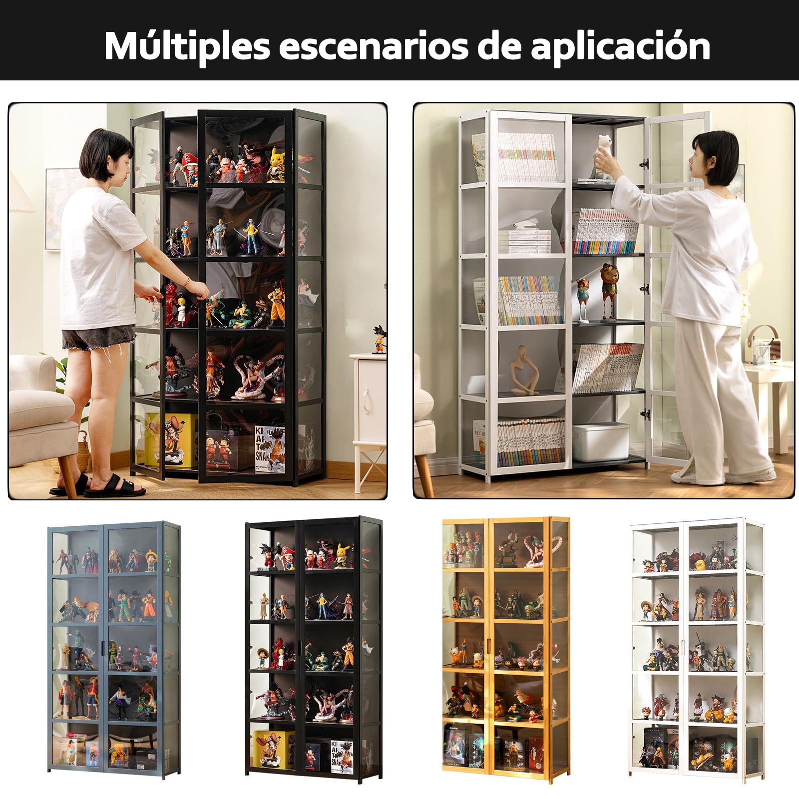 Vitrina Expositora para Colecciones, vitrinas de Cristal, libreria con Puertas, vitrinas+expositoras+Marco Bambu, estanteria Figuras Coleccion 62 * 33 * 130cm(4 Capas) Blanco