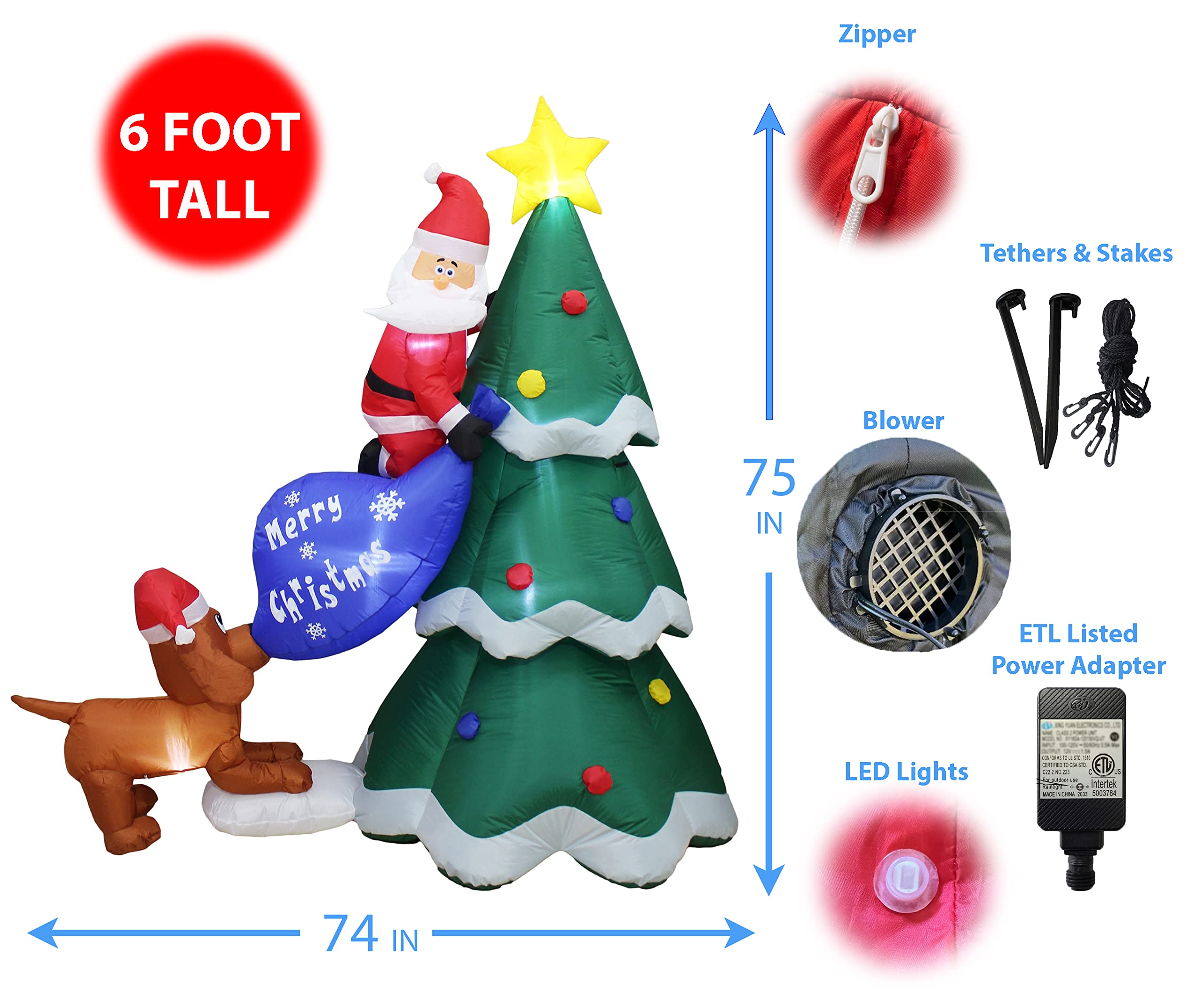 HOMCOM 245cm Babbo Natale Gonfiabile Decorazione Natalizia Con Campada D'oro E 3 Luci A LED Impermeabile Ip44~844 297v90