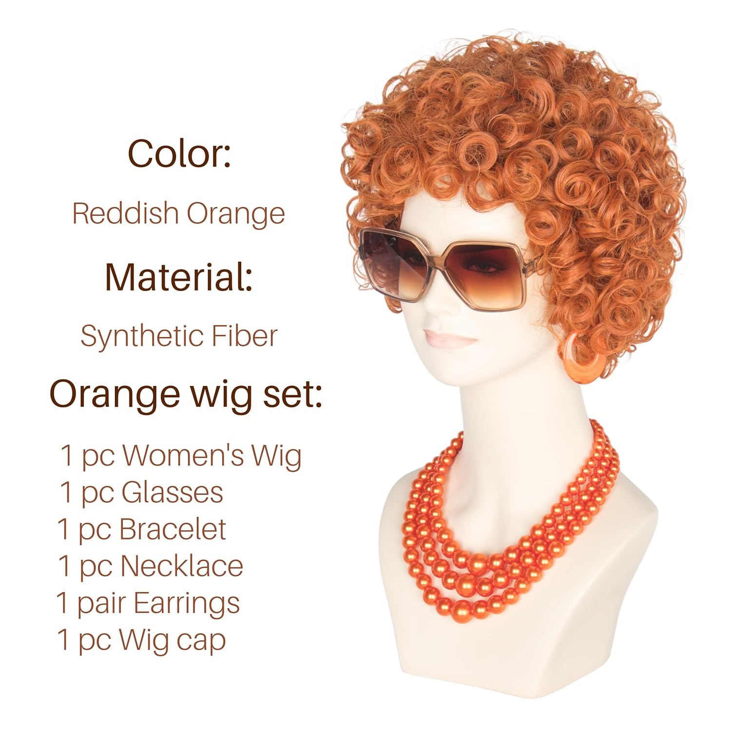 Miss U Hair Women Short Curly Red Orange Wig and Glasses Orange Oversized Jewelry Set Halloween Party Wig - Image 3