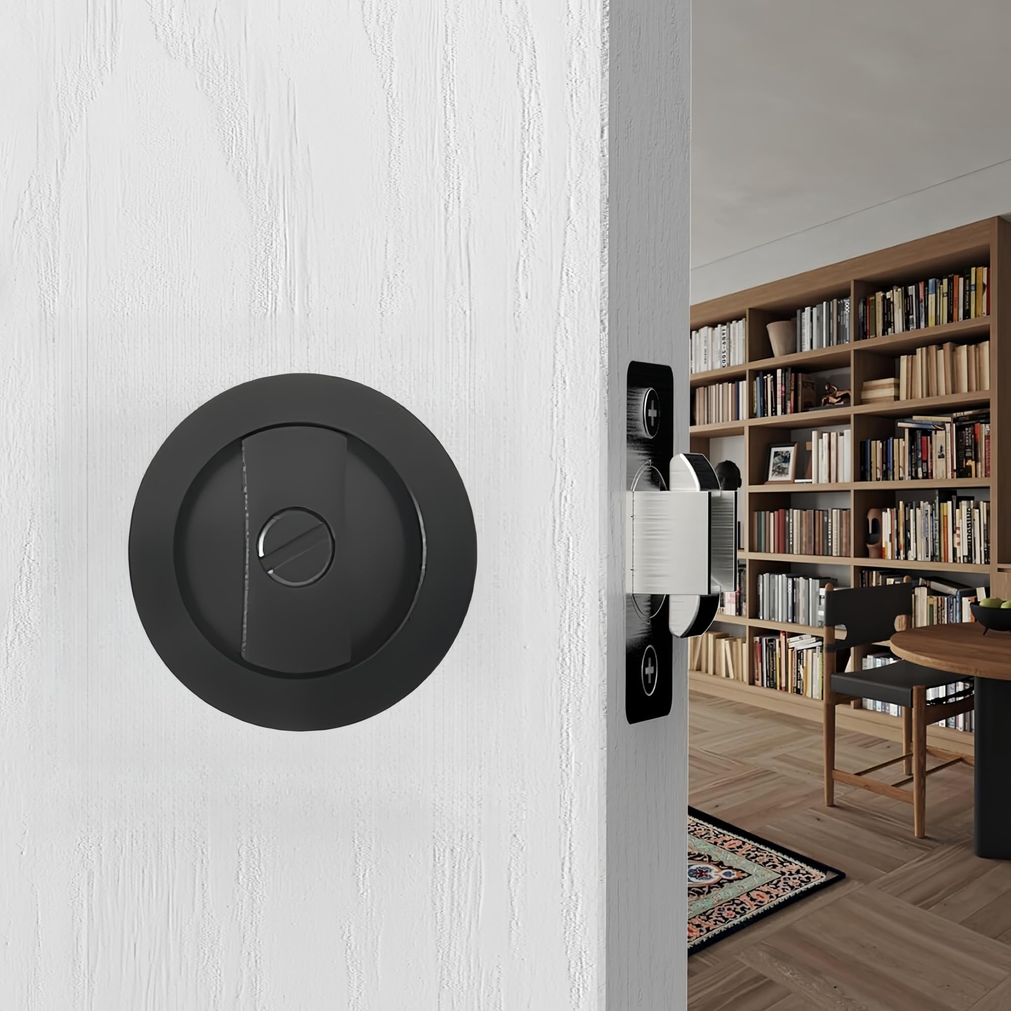 Pocket Door Lock,Privacy Square Pocket Door Hardware,Invisible Sliding Door Lock Keyless(2-3/8" Backset),Flush Pocket Door Locks (Matte Black Round)