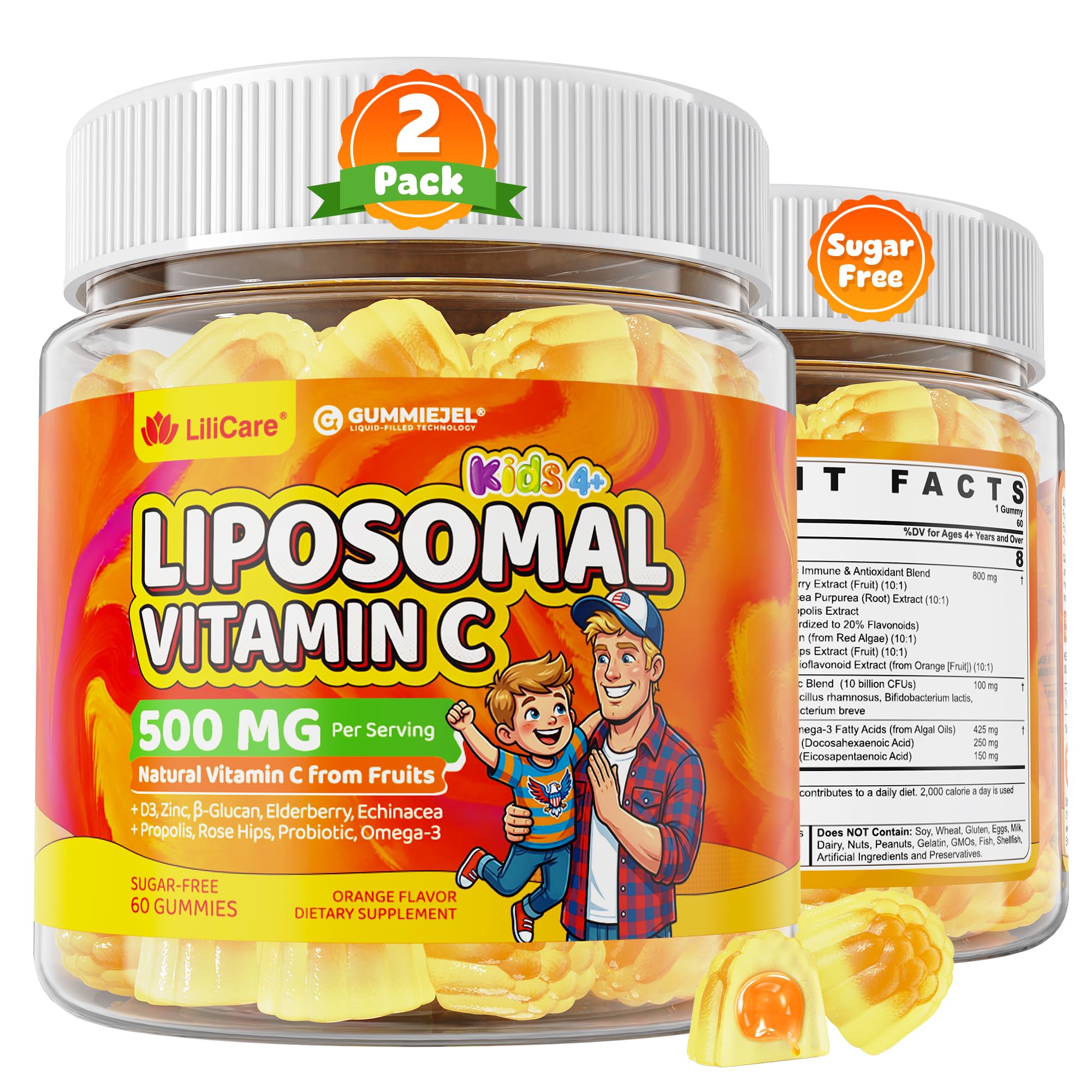 Liposomal Vitamin C 500mg 1000mg Gummies for Kids 4+ & Adults, w/ Omega-3, Elderberry, Propolis, Zinc, D3, Kids Immune Support, Antioxidant, Growth & Development, Natural Vit C, Sugar Free, 2 Pack 60 Count (Pack of 2)