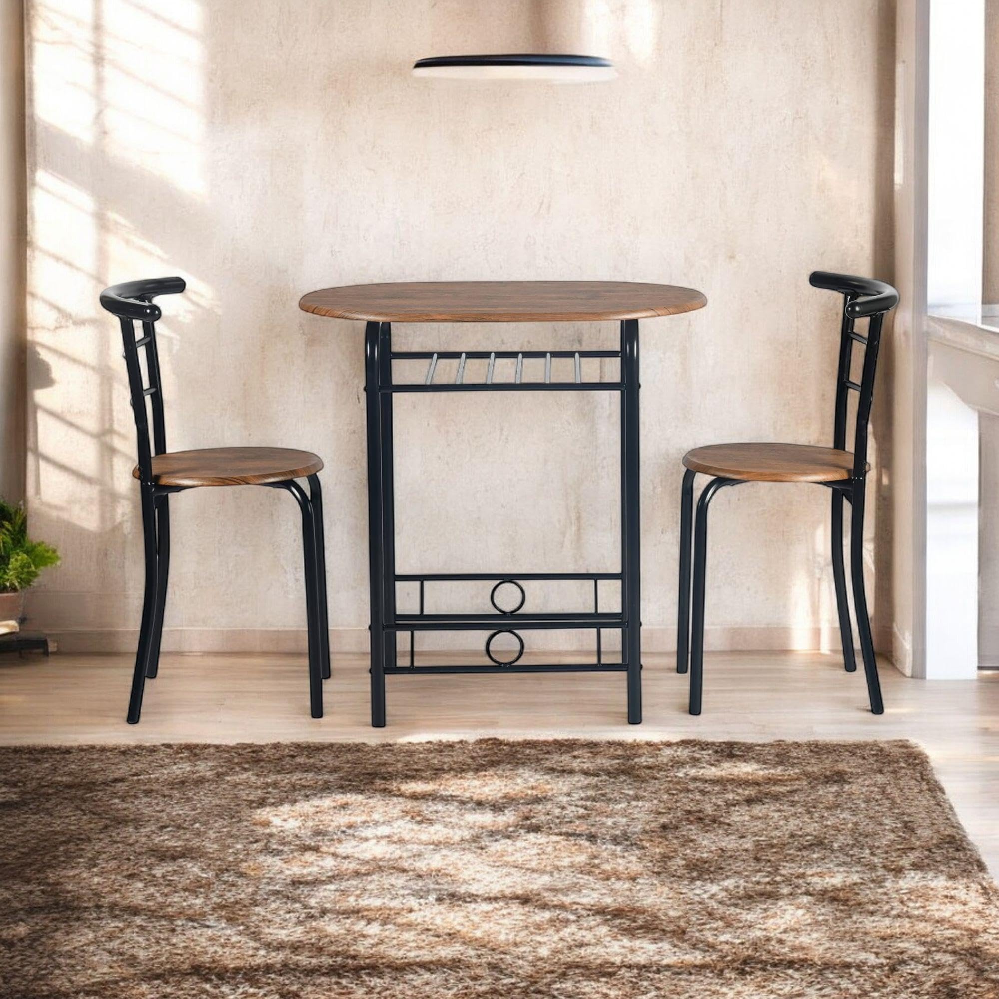 FurnitureR Tavolo rotondo con sedie per 2 persone, tavolo da cucina retrò industriale chic con portabottiglie, mobili da soggiorno per bistrò, giardino, balcone, piccolo spazio, telaio in metallo