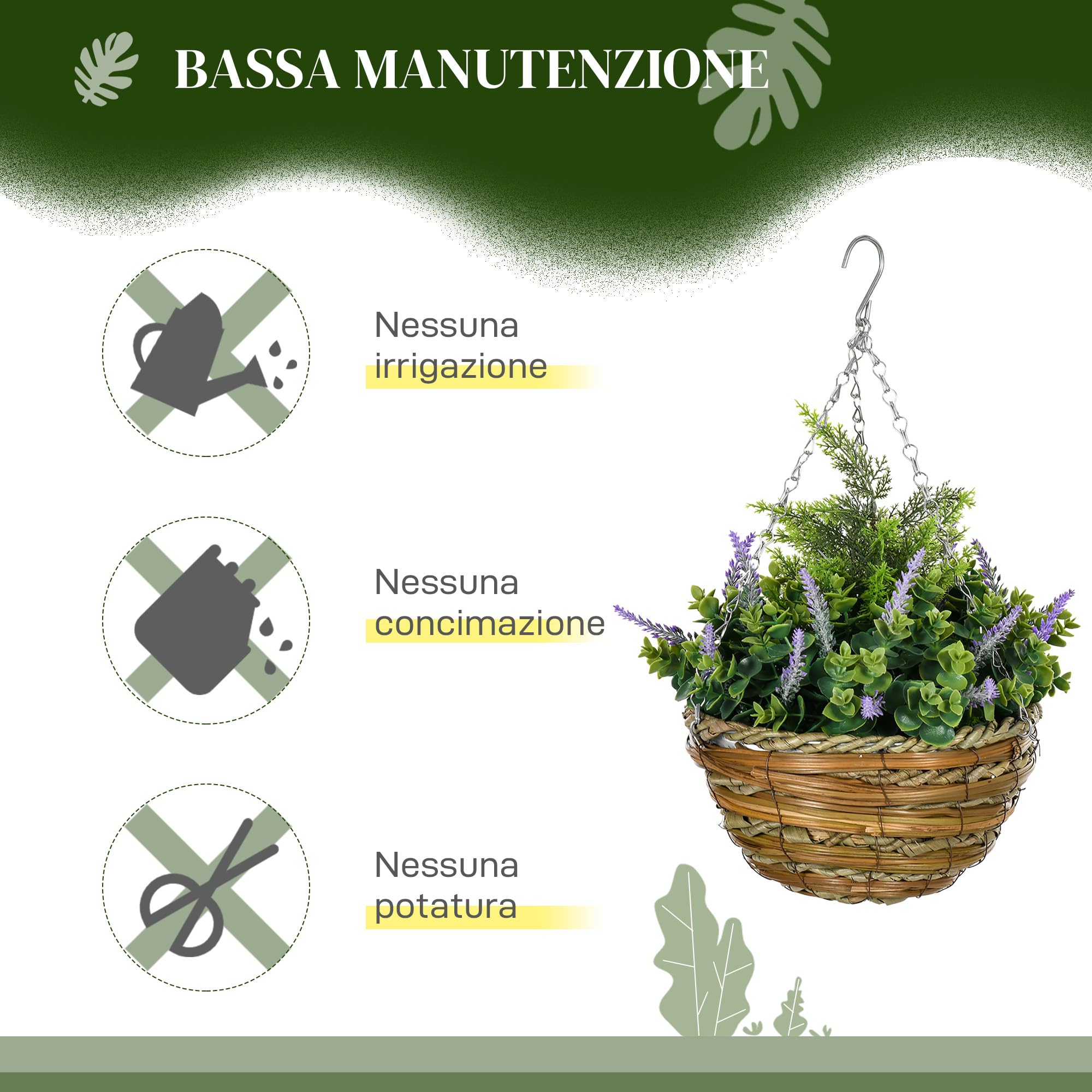 Outsunny Set 2 Piante Finte di Lavanda con Vaso e Gancio, Piante Artificiali in PE e Vimini, Ø25x34 cm, Verde e Viola