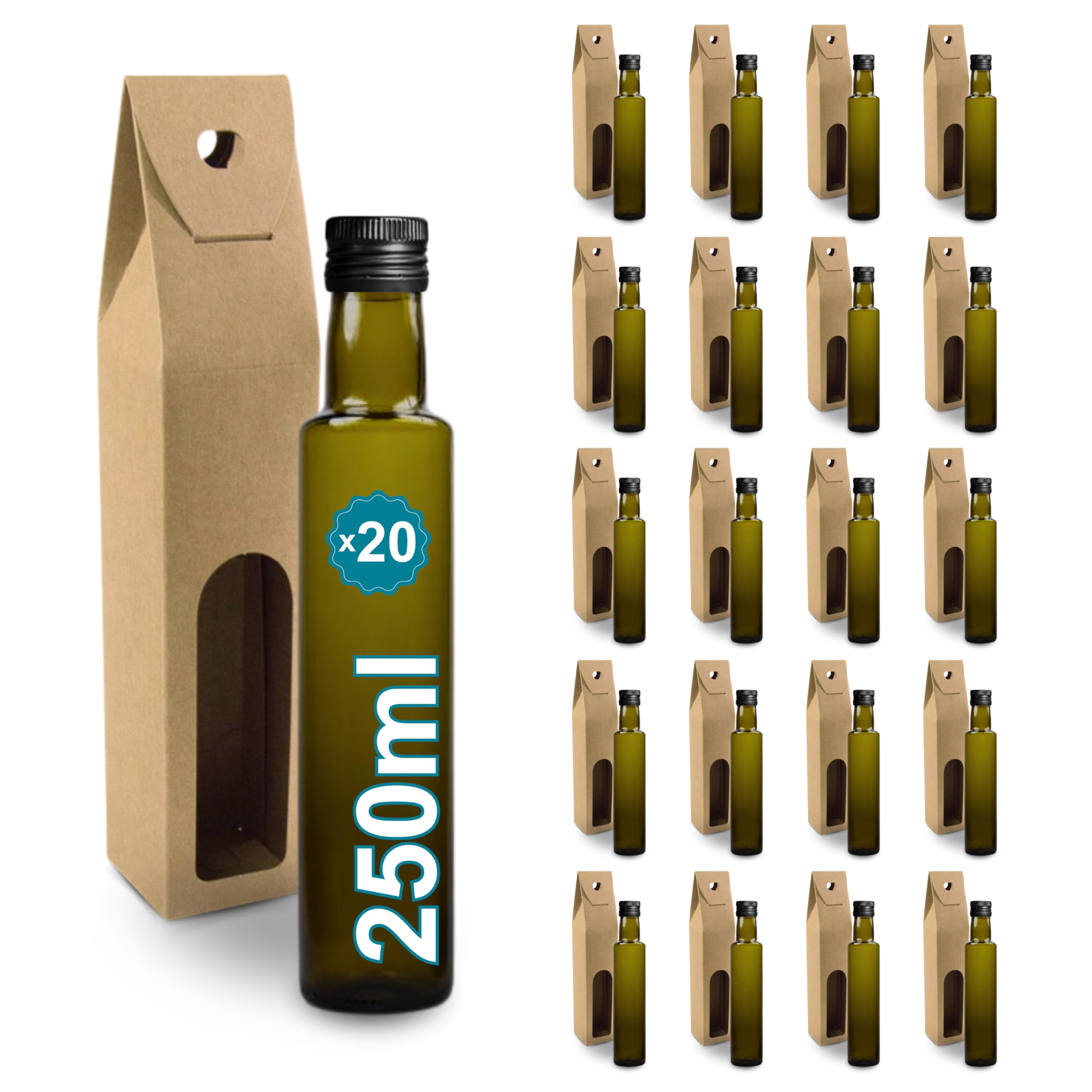 Espirito Rebelde - 20 botellas de vidrio oscuro 250 ml con tapón de rosca negro + 20 cajas, aceite de oliva, vinagre, alcohol, salsas - aceitera