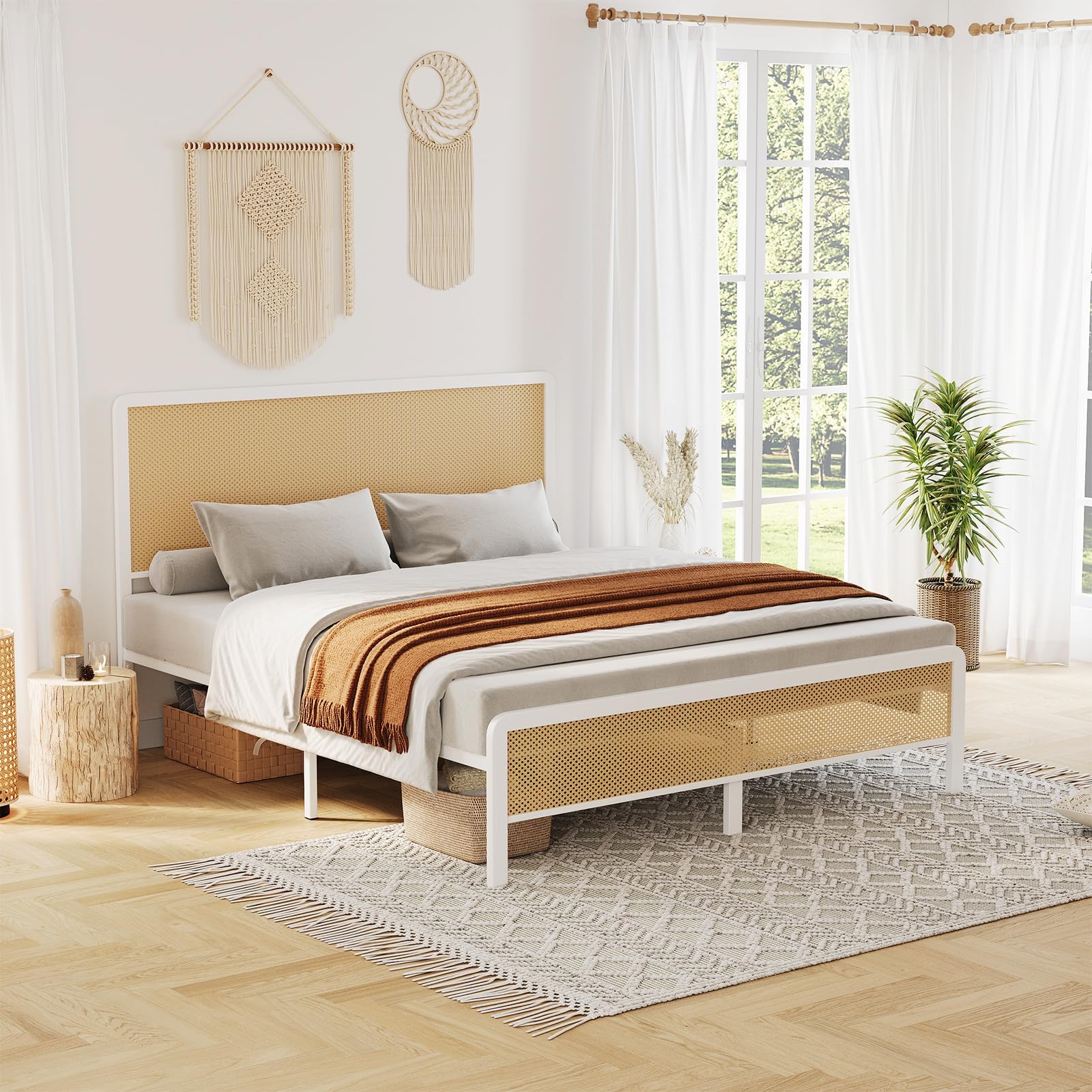 Amazon.com: IDEALHOUSE Full Size Bed Frame with Rattan Headboard, Metal ...