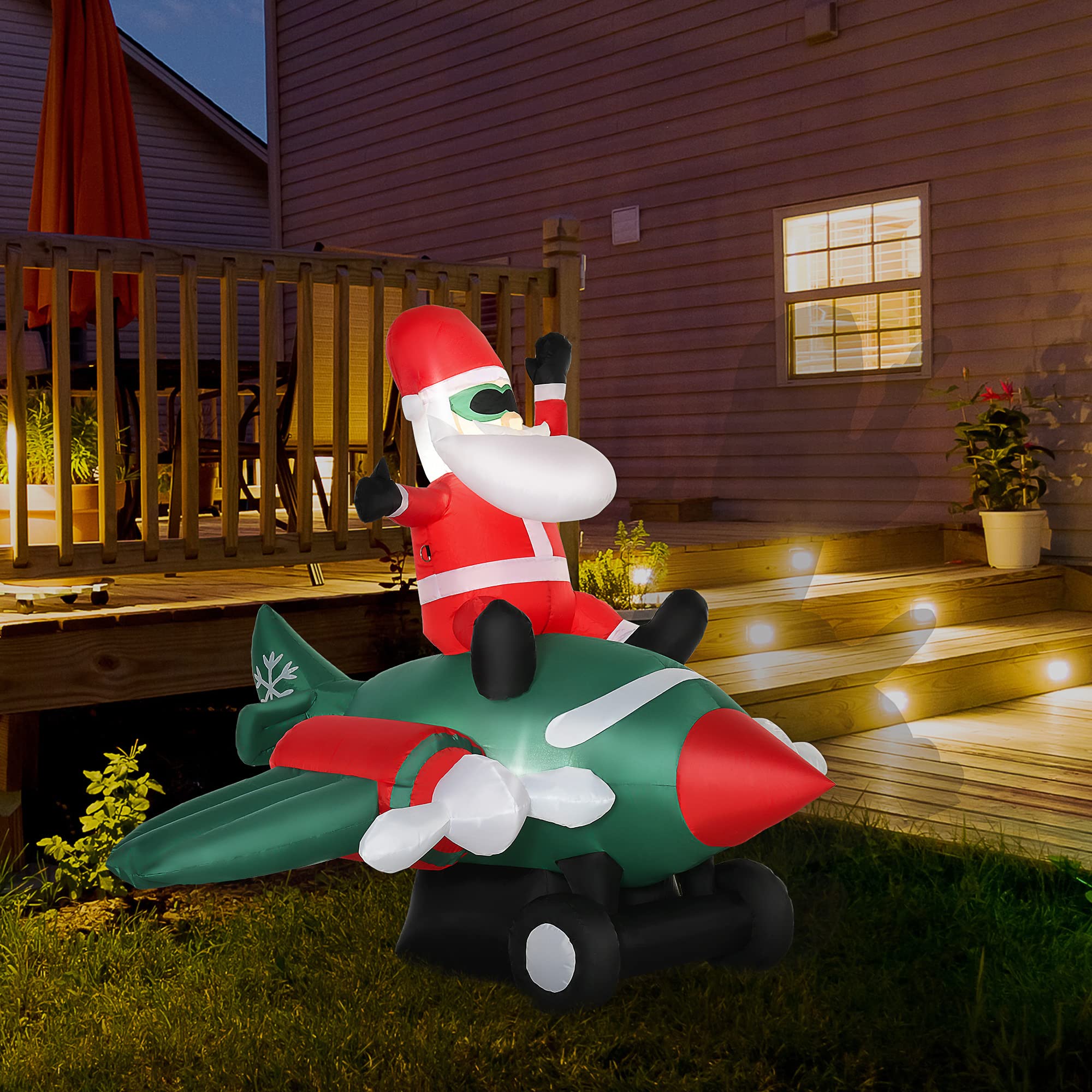 HOMCOM Babbo Natale Gonfiabile su Aereo 160cm con Luci LED Integrate | Decorazione Natalizia da Esterno