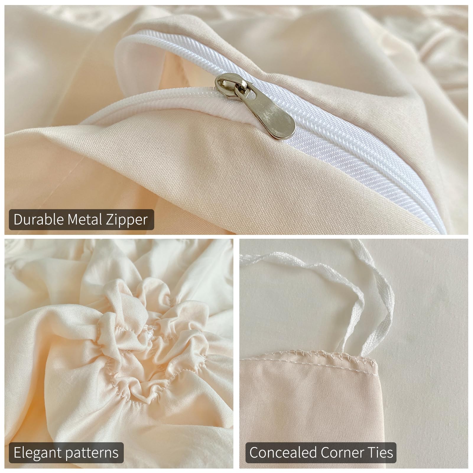 Rvciby Women Beige Flower Duvet Cover Queen Size,3PCS Soft Microfiber Bedding Set,Boho Textured Geometric Pattern Duvet Cover with Corner Ties & Zipper Closure (90"x90"-1 Duvet Cover,2 Pillow Cases)