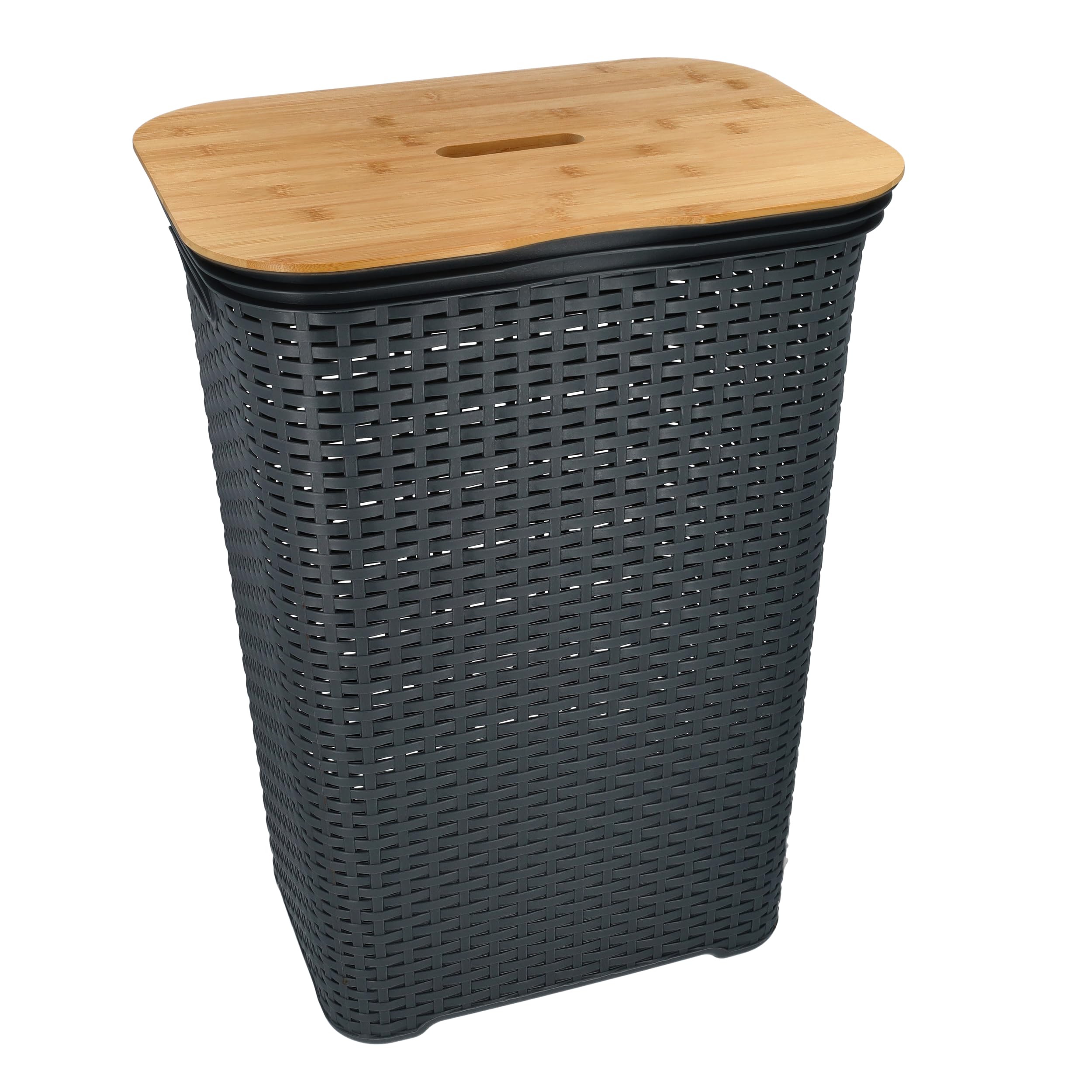 HRB Wäschekorb mit Bambusdeckel Rattan 65 Liter, Wäscheaufbewahrung aus Kunststoff, Wäsche Sortierer (Anthrazit-Bambus) Küche, Haushalt & Wohnen