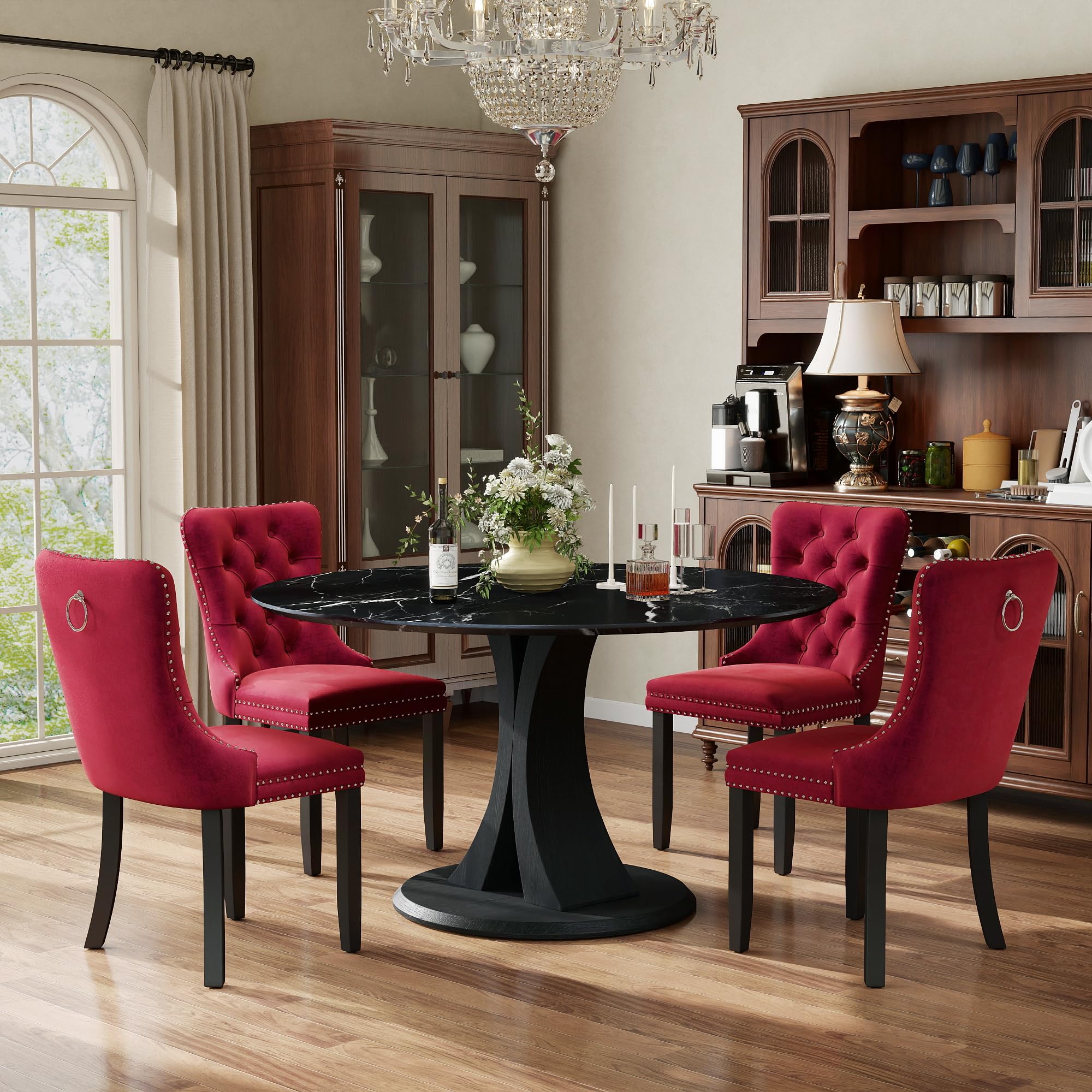 5-Piece Dining Table Set for 4 with 47 In Black Faux Marble Round Table