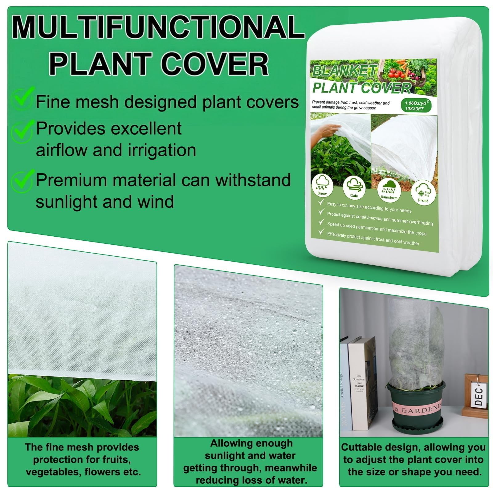 YDSL Cubierta para plantas de 10 x 33 pies, protección contra la congelación con malla ultrafina, reutilizable, cubierta flotante para plantas, verduras, flores, frutas, protección solar contra