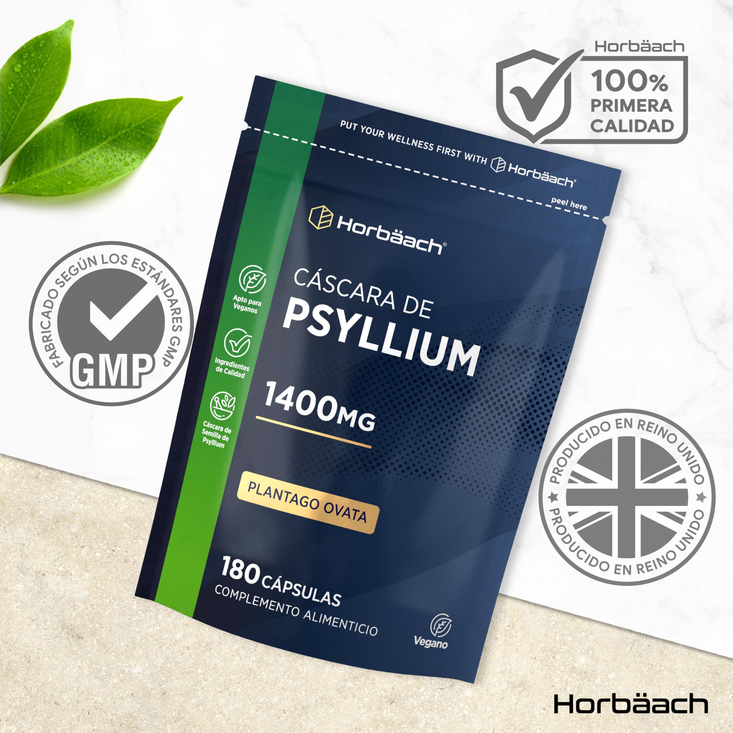 Psyllium Husk 1400 mg | Cáscara de Psyllium | 180 Cápsulas Veganas | Fibra de Psilio | Suplemento Fuente de fibra | Prebiótico Natural | Horbaach