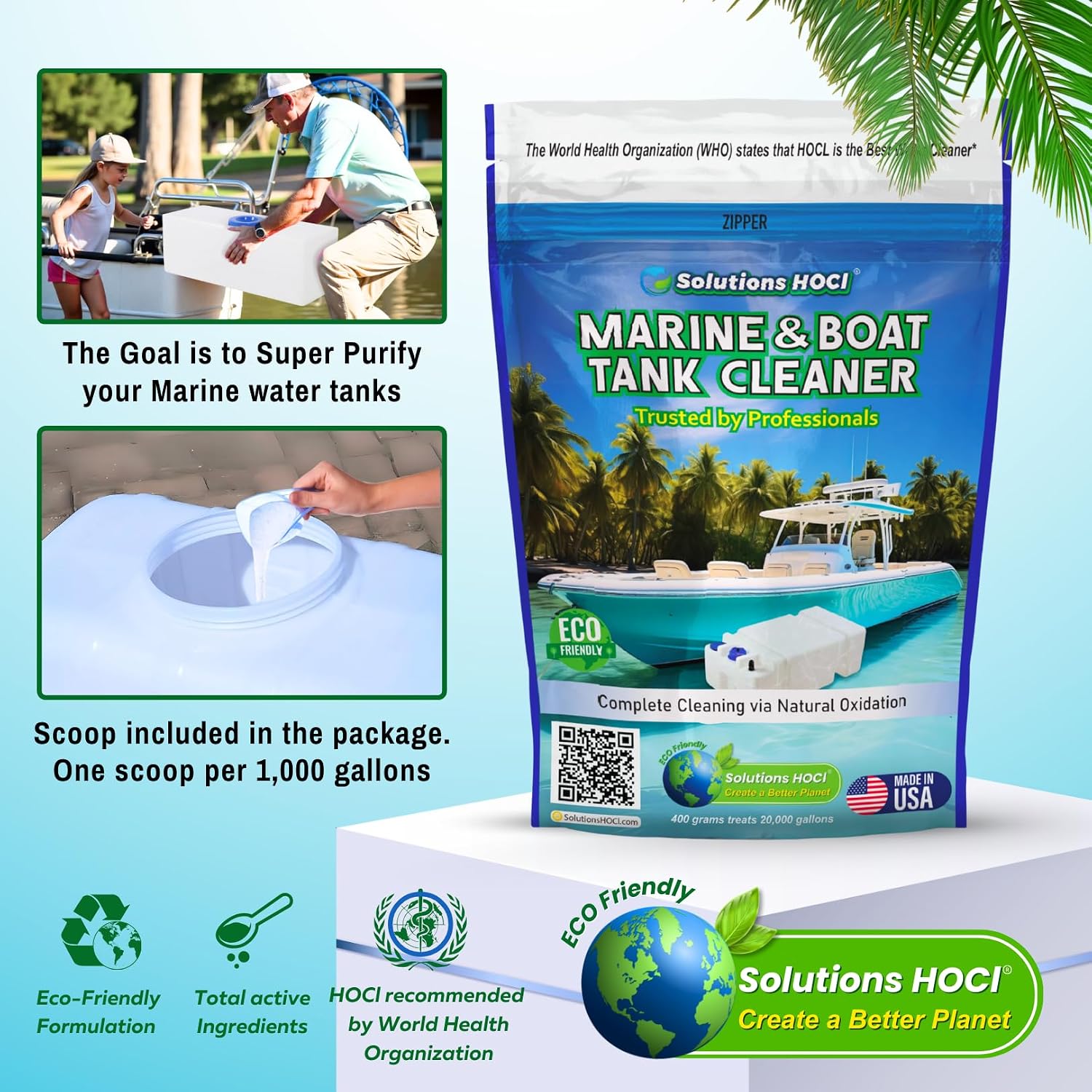 Solutions HOCL Marine & Boat Water Tank Cleaner – Eco-Friendly Powder for Black Tank Treatment Marine Water Tank Cleaning Biofilm & Odor Removal – 400G