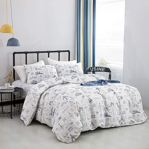 Miniatura 3 de KAREVER - Juego de edredón de avión, tamaño Queen, juego de cama blanco de caricatura, con estampado de tanque, avión y automóvil, para adolescentes