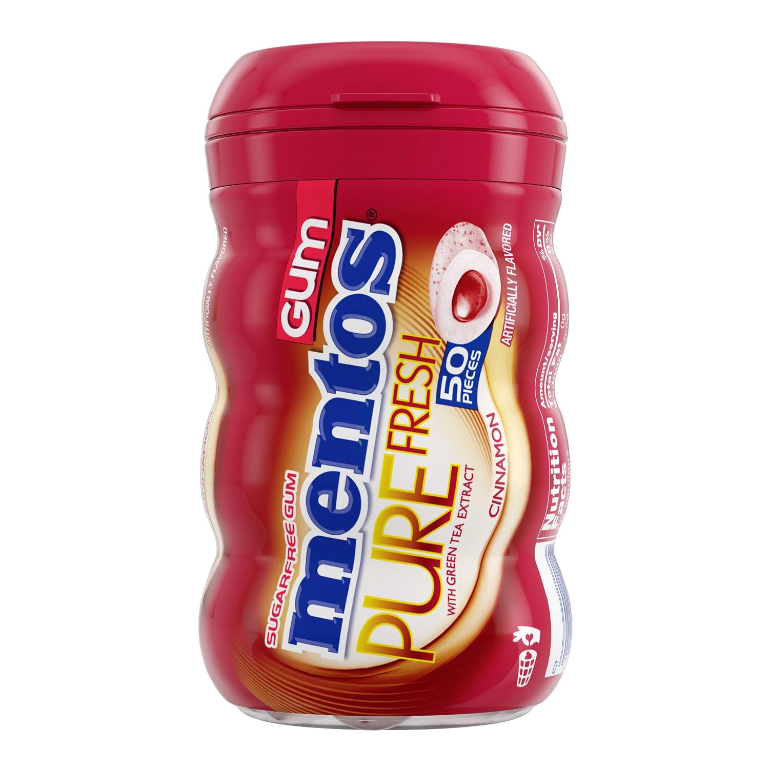 Mentos Pure Fresh Sugar-Free Chewing Gum with Xylitol, Cinnamon, 90% Recyclable Curvy Bottle, 50 Pieces per Bottle (Pack of 1)