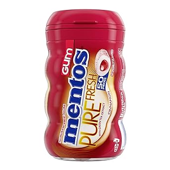 Mentos Pure Fresh Sugar-Free Chewing Gum with Xylitol, Cinnamon, 90% Recyclable Curvy Bottle, 50 Pieces per Bottle Pack of 1