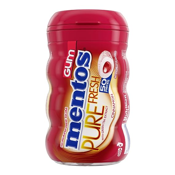 Mentos Pure Fresh Sugar-Free Chewing Gum with Xylitol, Cinnamon, 90% Recyclable Curvy Bottle, 50 Pieces per Bottle (Pack of 1)