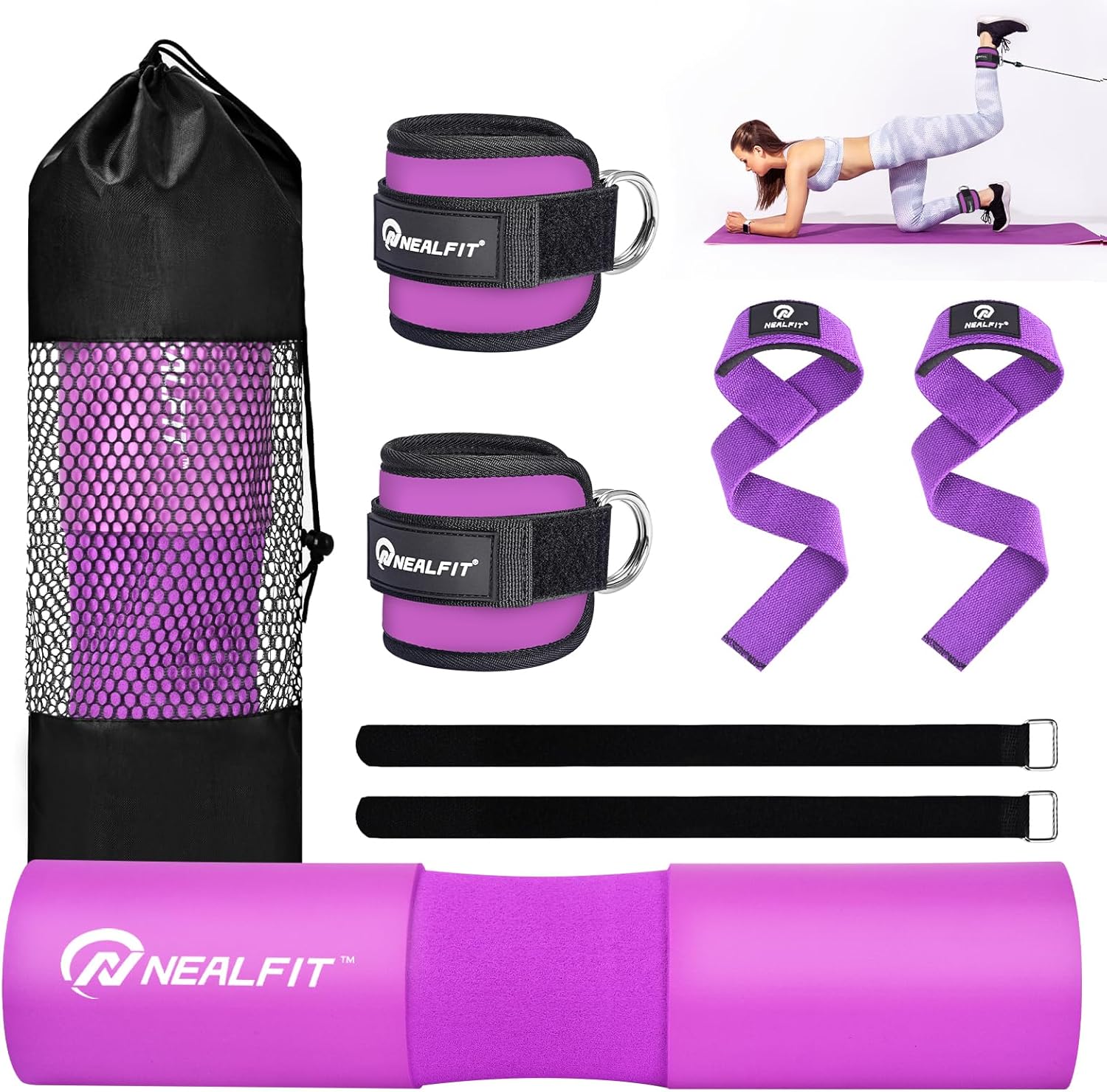 Barbell Pad Set with Lifting Straps & Ankle Straps - Squat Pad for Hip Thrusts, Lunges, Weightlifting - Heavy Duty Strength Training Equipment for Powerlifting, Home Gym
