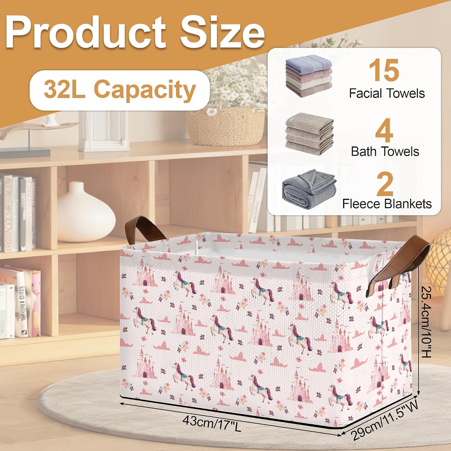 Pink Unicorn Castle Large Storage Bins with Handles, Oxford Fabric Storage Basket, Foldable Organizer for Clothes, Blankets, Toys, Closet Shelf Storage Solution